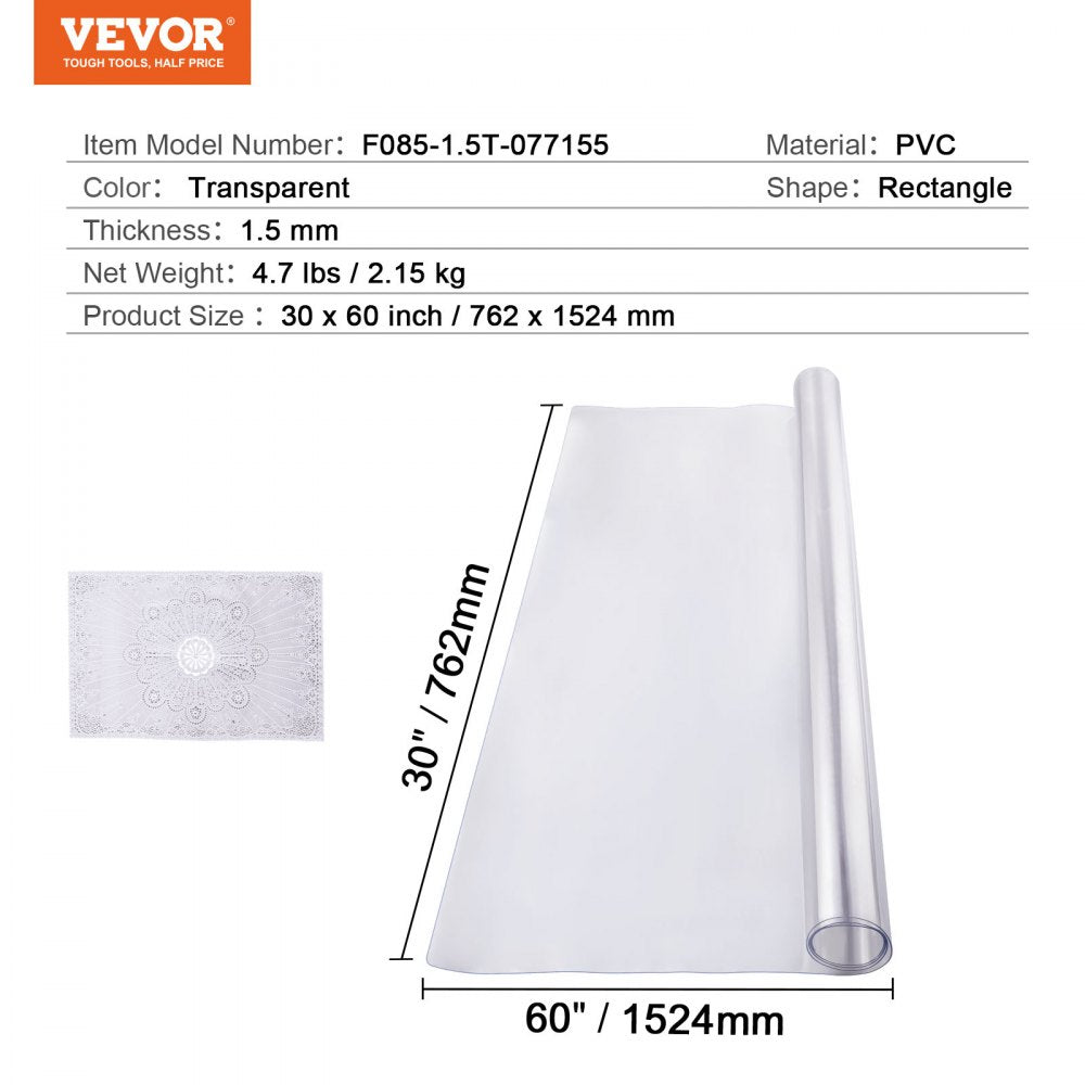 VEVOR PVC Table Protector 30x60 Inch Clear Plastic Desk Protector 1.5mm Thick 
