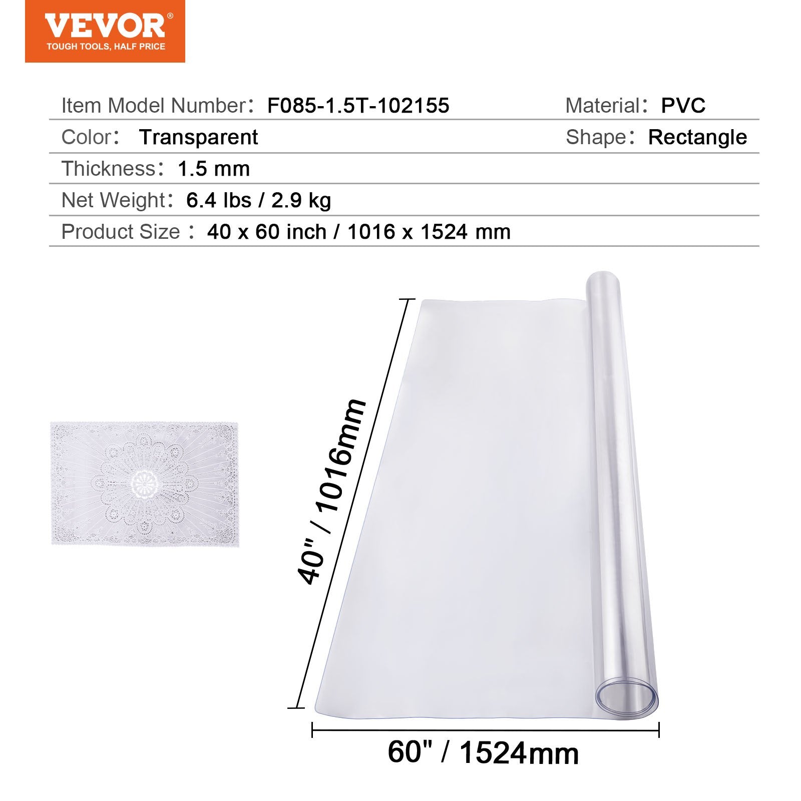VEVOR PVC Table Protector 40x60 Inch Clear Plastic Desk Protector 1.5mm Thick 