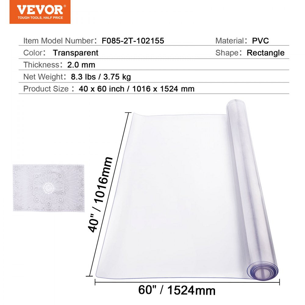 VEVOR PVC Table Protector 40x60 Inch Clear Plastic Desk Protector 2.0mm Thick 