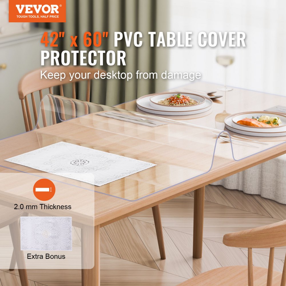 VEVOR PVC Table Protector 42x60 Inch Clear Plastic Desk Protector 2.0mm Thick 