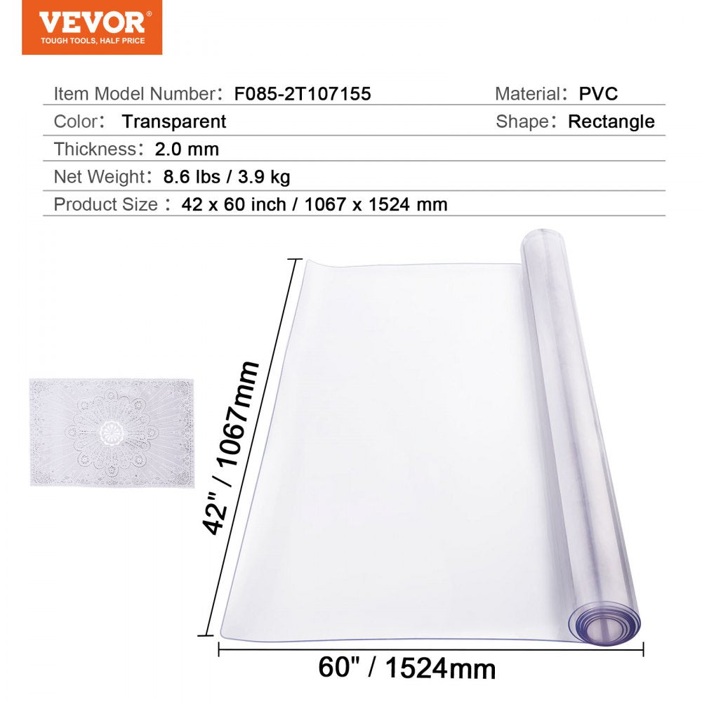 VEVOR PVC Table Protector 42x60 Inch Clear Plastic Desk Protector 2.0mm Thick 
