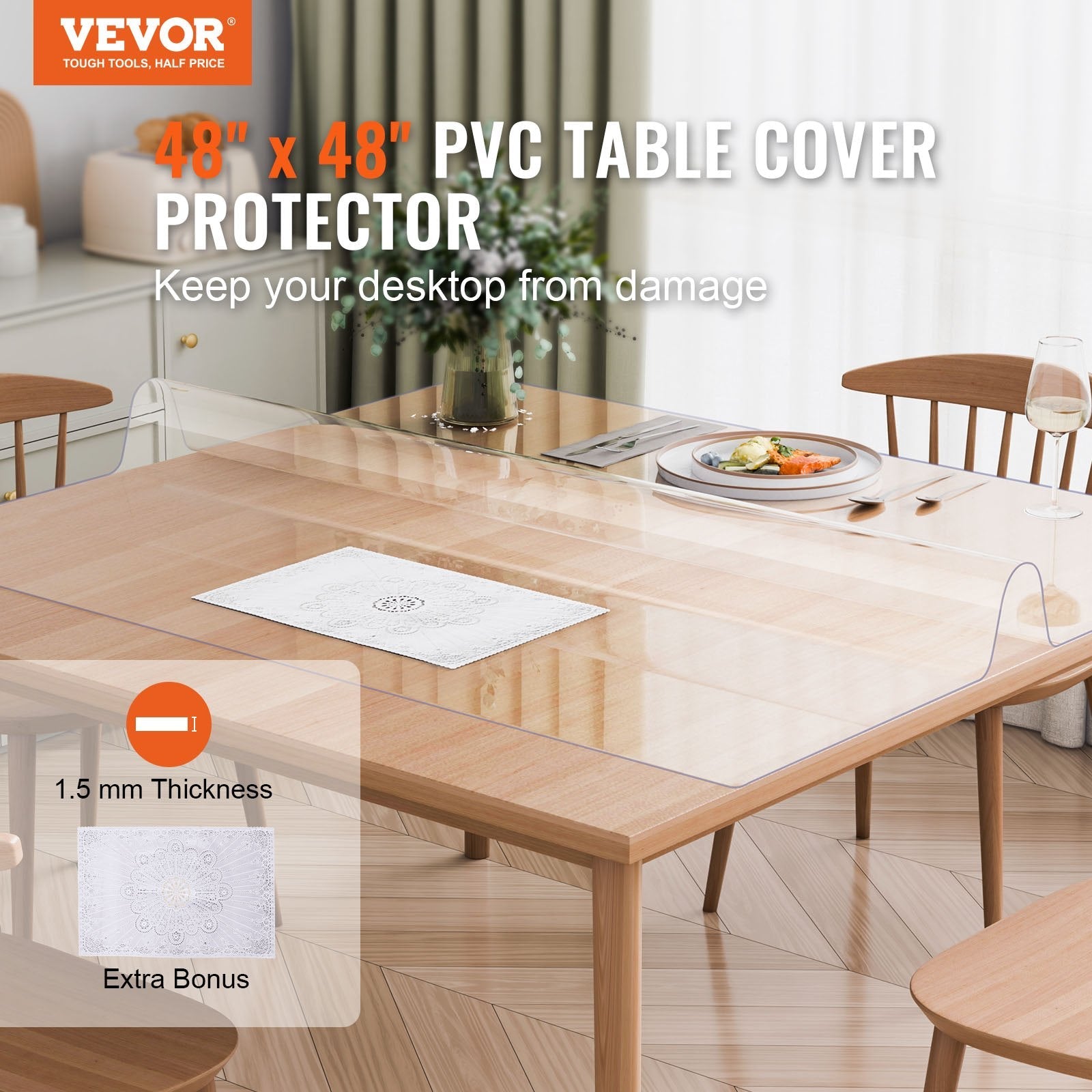 VEVOR PVC Table Protector 48x48 Inch Clear Plastic Desk Protector 1.5mm Thick 