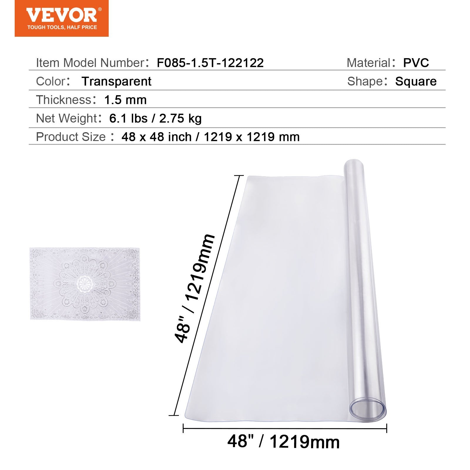 VEVOR PVC Table Protector 48x48 Inch Clear Plastic Desk Protector 1.5mm Thick 