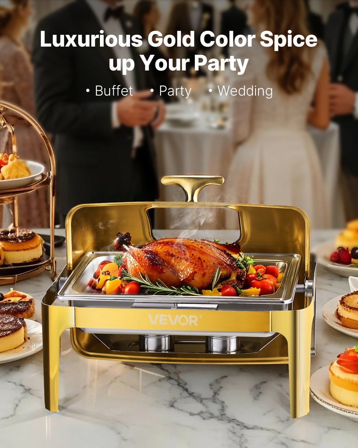 VEVOR 9Qt Rectangle Roll Top Chafing Dish Set with Full-Size Pan Stainless Steel 