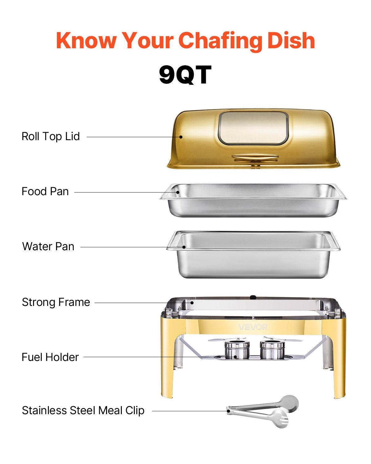 VEVOR 9Qt Rectangle Roll Top Chafing Dish Set with Full-Size Pan Stainless Steel 