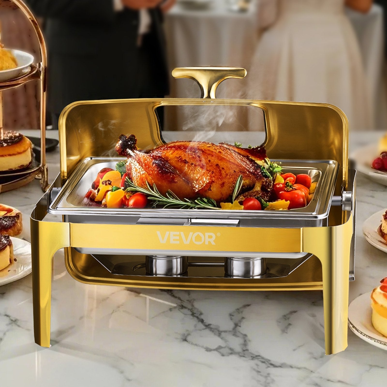 VEVOR 9Qt Rectangle Roll Top Chafing Dish Set with Full-Size Pan Stainless Steel 