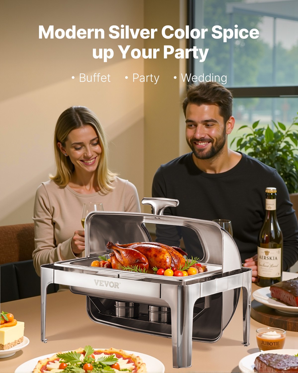 VEVOR 9Qt 1 Pack Rectangle Roll Top Chafing Dish Set with 2 Half Size Pans 
