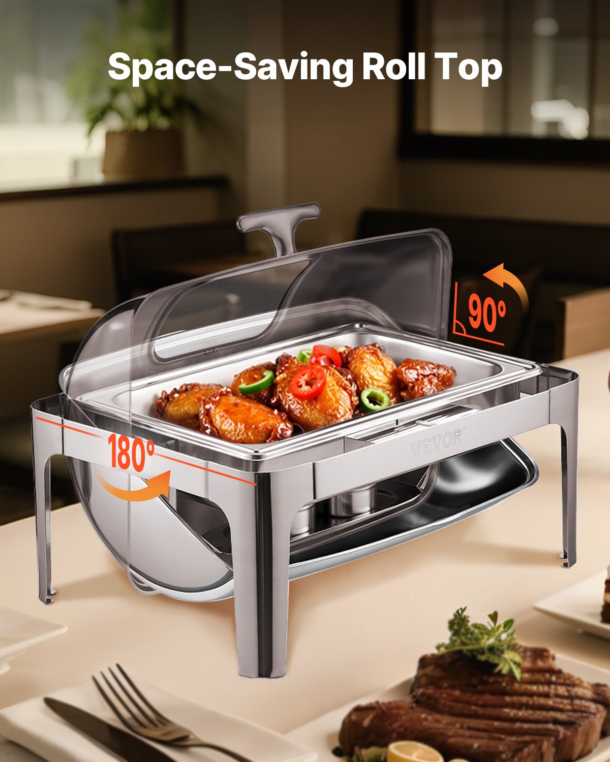 VEVOR 9Qt 1 Pack Rectangle Roll Top Chafing Dish Set with 2 Half Size Pans 