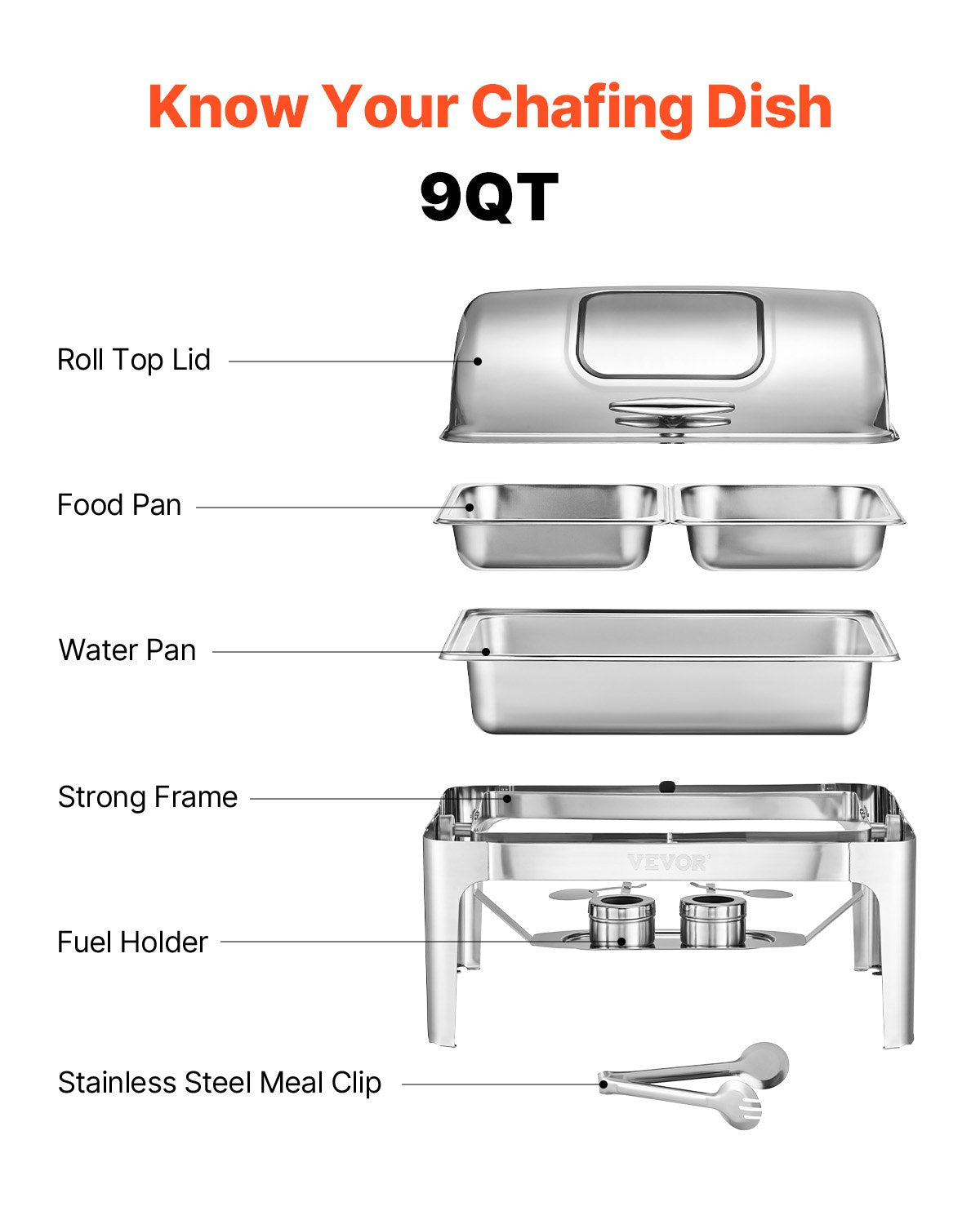 VEVOR 9Qt 1 Pack Rectangle Roll Top Chafing Dish Set with 2 Half Size Pans 