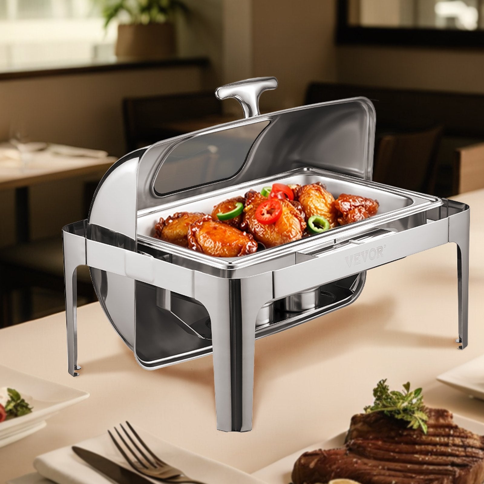 VEVOR 9Qt 1 Pack Rectangle Roll Top Chafing Dish Set with 2 Half Size Pans 