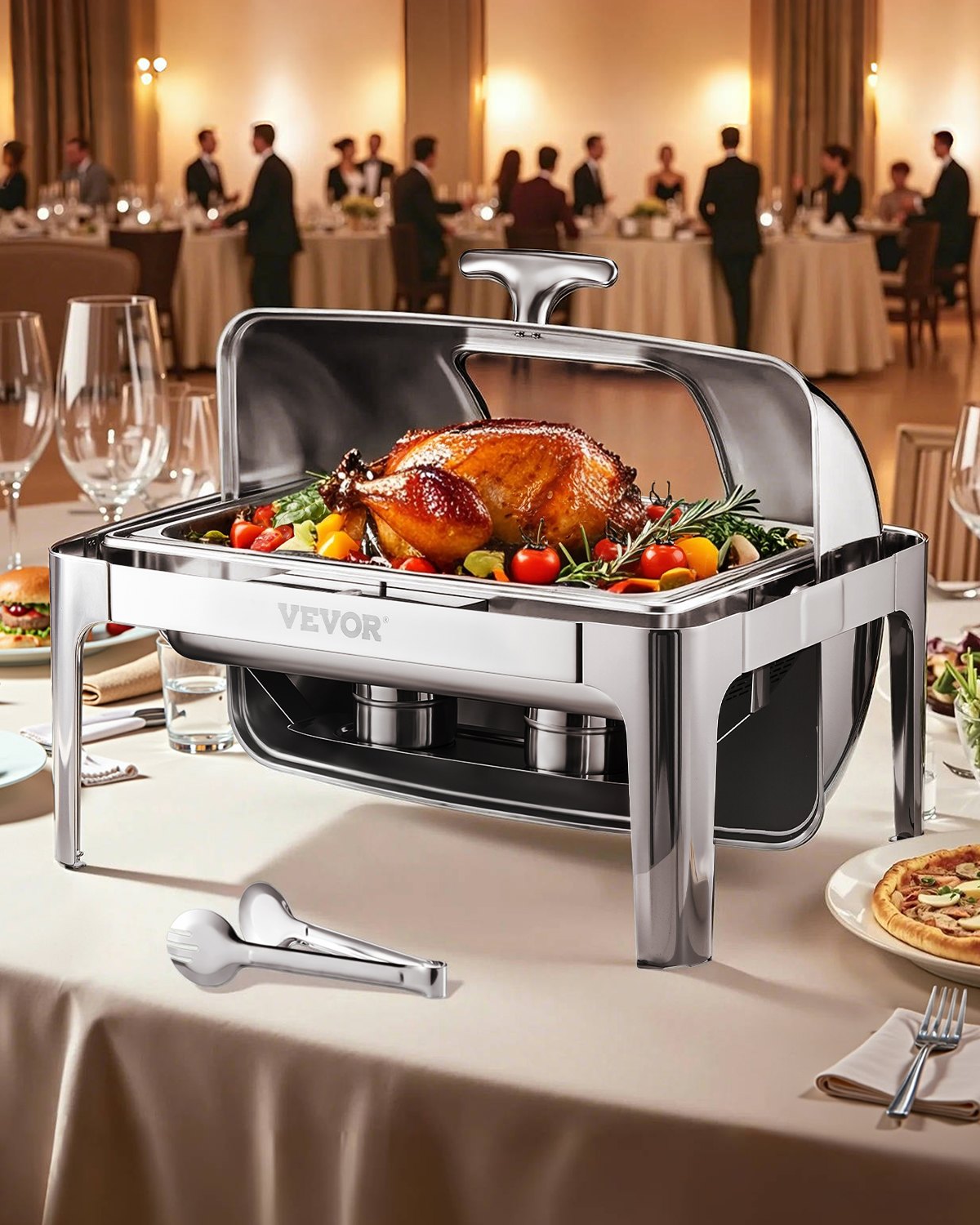 VEVOR 9Qt 1 Pack Rectangle Roll Top Chafing Dish Set with 2 Half Size Pans 