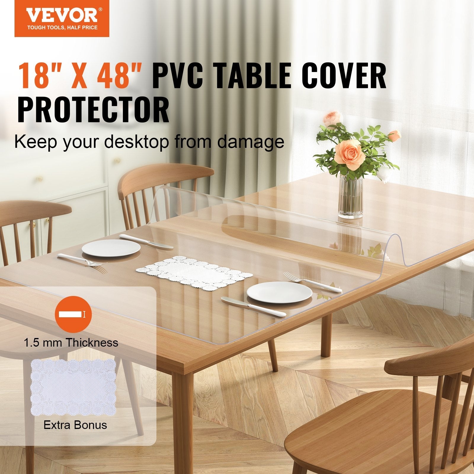 VEVOR Clear Table Cover Protector, 18" x 48"/ 460 x 1232 mm Table Cover, 1.5 mm Thick PVC Plastic Tablecloth, Waterproof Desktop Protector for Writing Desk, Coffee Table, Dining Room Table 