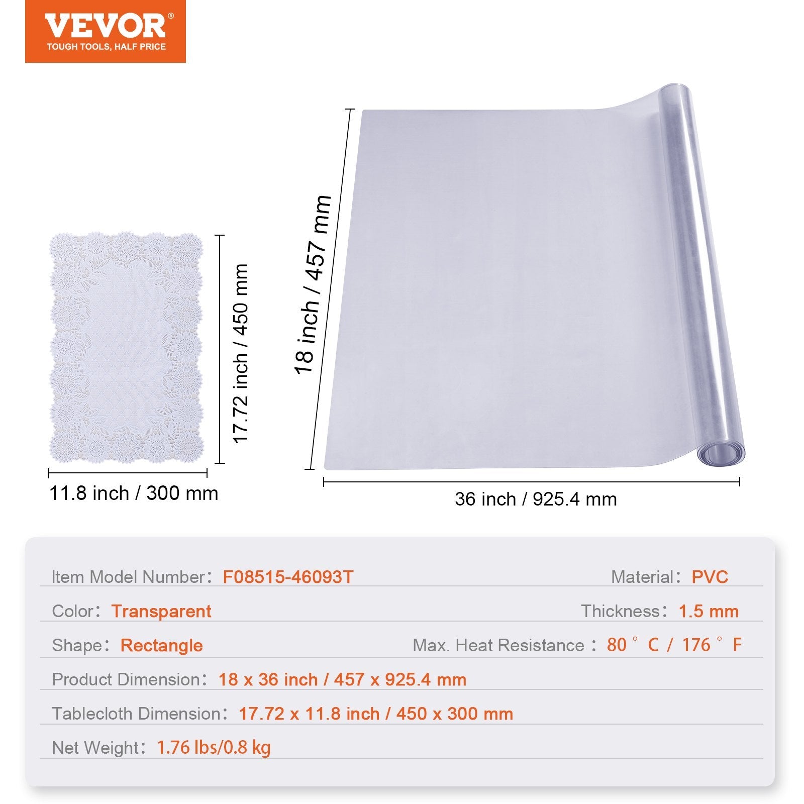 VEVOR Clear Table Cover Protector, 18" x 36"/457 x 925.4 mm Table Cover, 1.5 mm Thick PVC Plastic Tablecloth, Waterproof Desktop Protector for Writing Desk, Coffee Table, Dining Room Table 