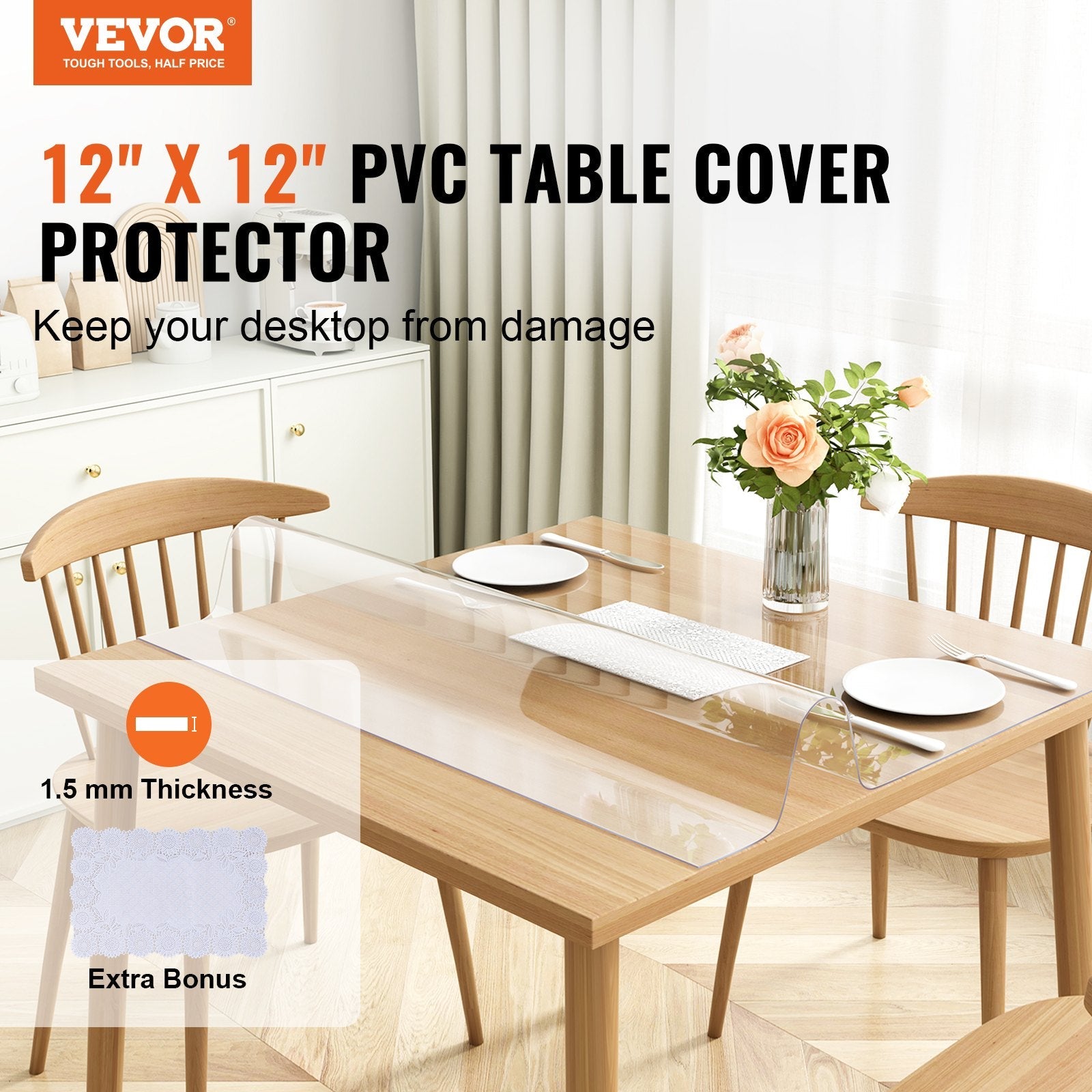 VEVOR Clear Table Cover Protector, 12" x12"/305 x 305 mm Table Cover, 1.5 mm Thick PVC Plastic Tablecloth, Waterproof Desktop Protector for Writing Desk, Coffee Table, Dining Room Table 