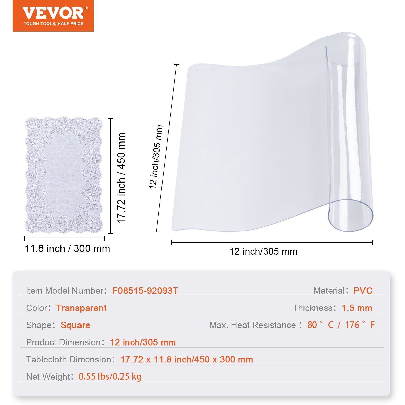 VEVOR Clear Table Cover Protector, 12" x12"/305 x 305 mm Table Cover, 1.5 mm Thick PVC Plastic Tablecloth, Waterproof Desktop Protector for Writing Desk, Coffee Table, Dining Room Table 