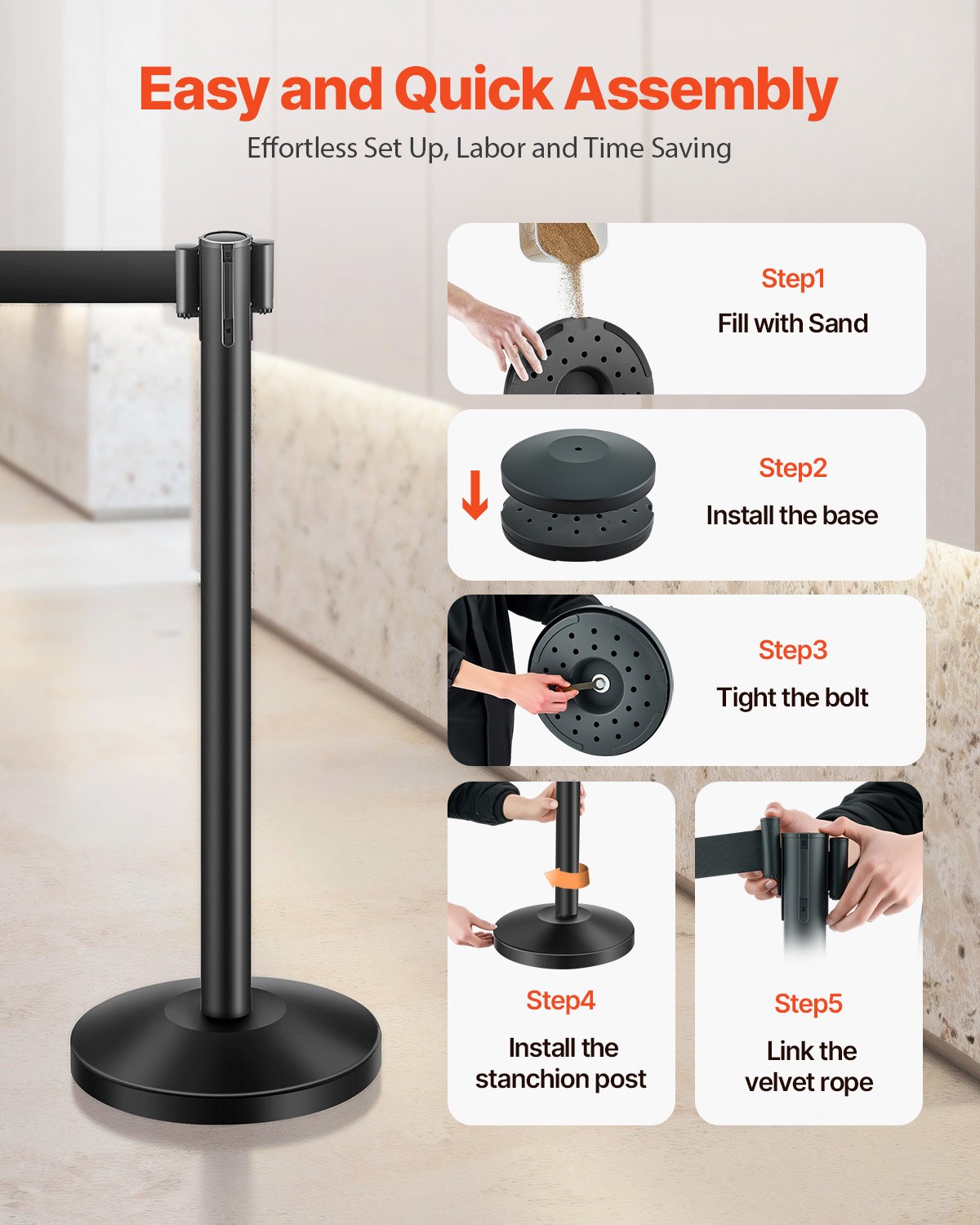 VEVOR 4 Pcs Stanchion Post with 4 Retractable Belts & Sand Injection Hollow Base 