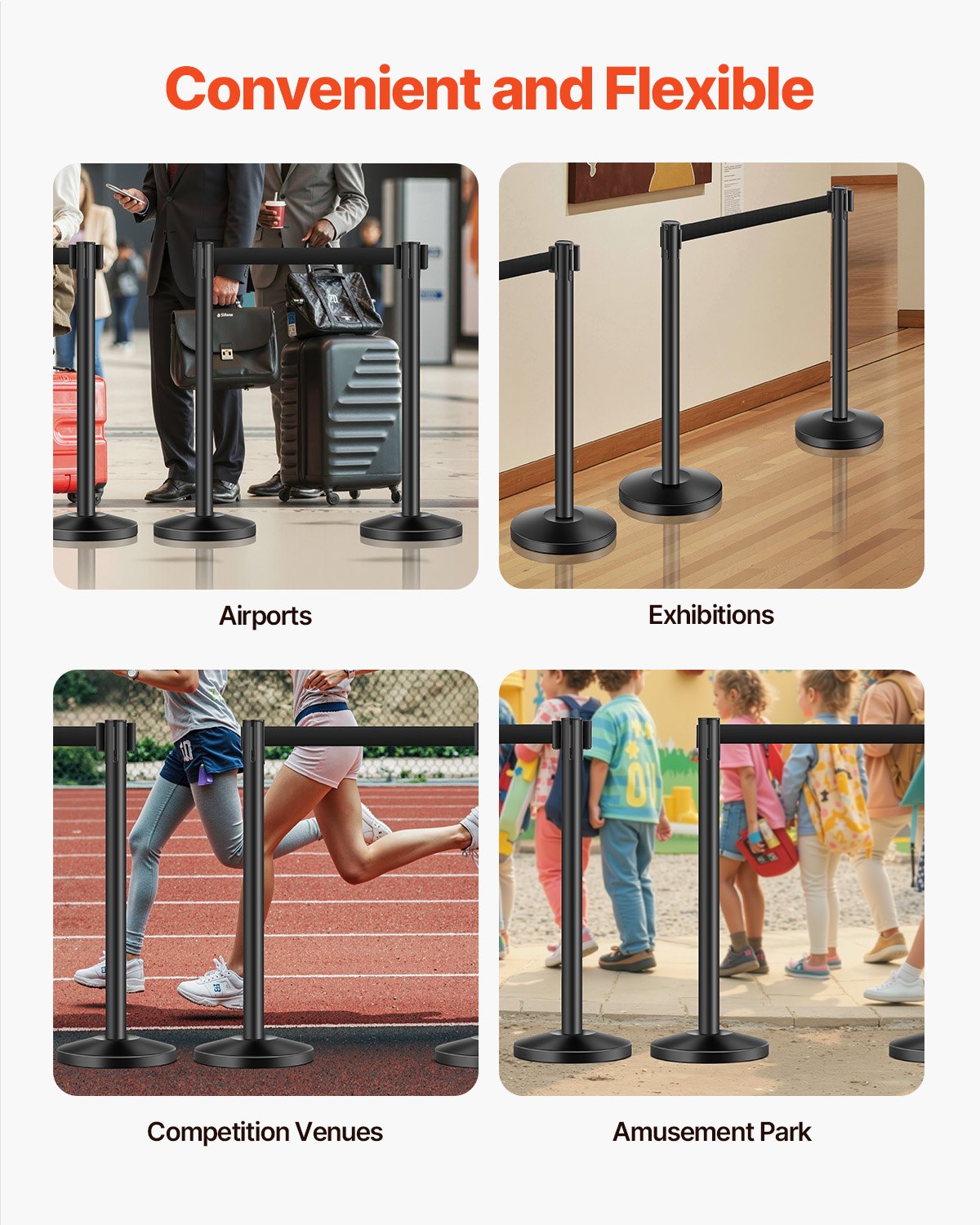VEVOR 4 Pcs Stanchion Post with 4 Retractable Belts & Sand Injection Hollow Base 