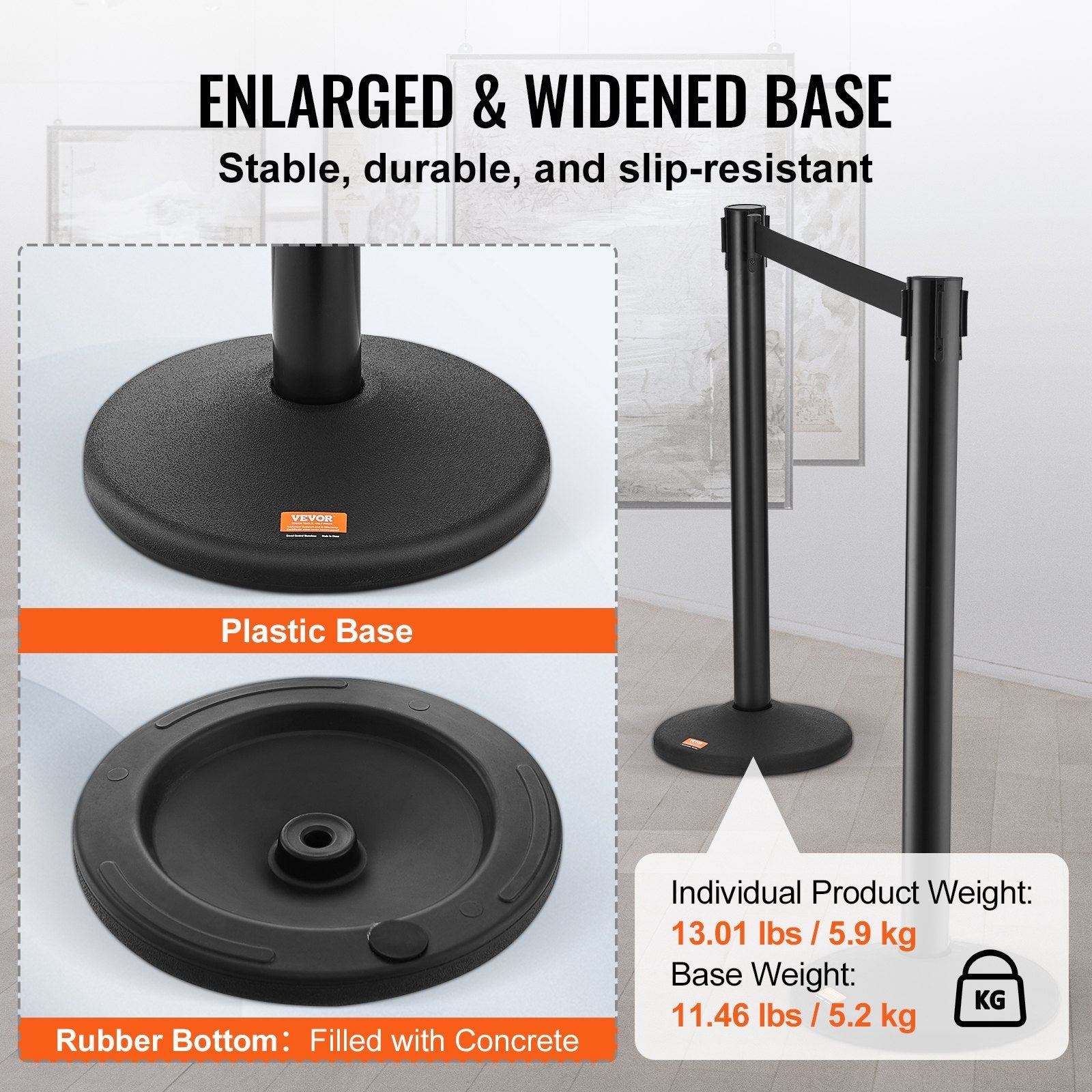 VEVOR Crowd Control Stanchions, 2-Pack Crowd Control Barriers with 6.5FT Black Retractable Belt, Plastic Stanchion Queue Post, Belt Barriers Line Divider Stanchion Set for Party, Airport, Exhibition 