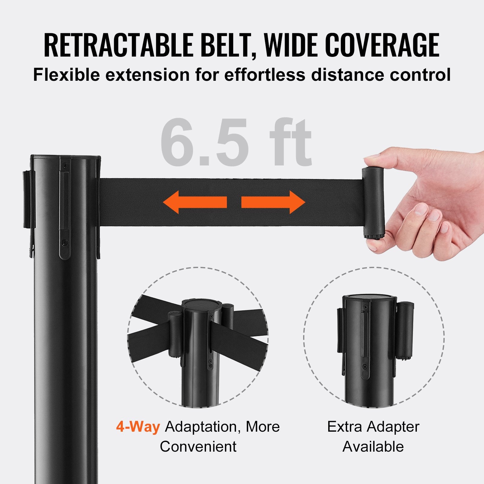 VEVOR Crowd Control Stanchions, 2-Pack Crowd Control Barriers with 6.5FT Black Retractable Belt, Plastic Stanchion Queue Post, Belt Barriers Line Divider Stanchion Set for Party, Airport, Exhibition 