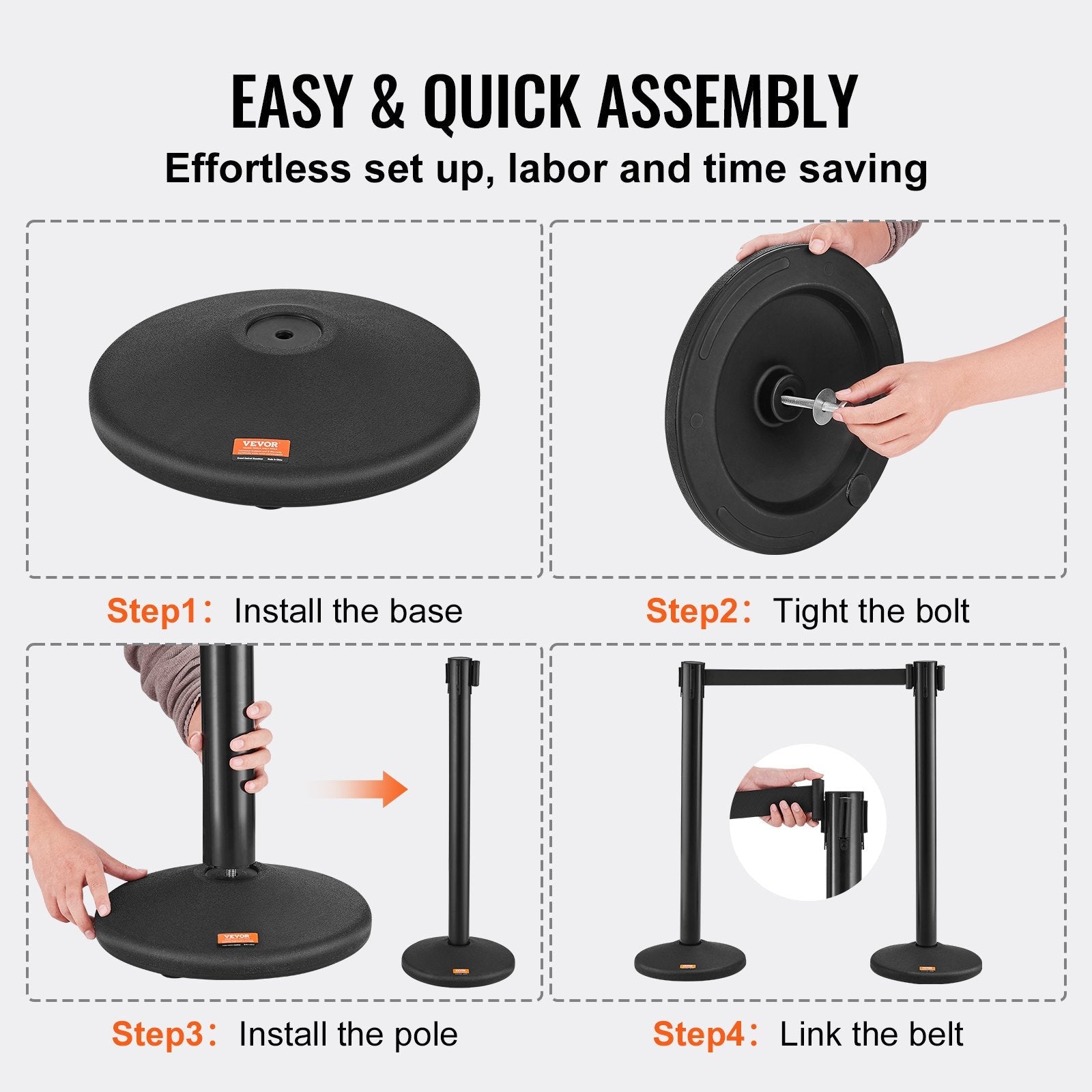 VEVOR Crowd Control Stanchions, 2-Pack Crowd Control Barriers with 6.5FT Black Retractable Belt, Plastic Stanchion Queue Post, Belt Barriers Line Divider Stanchion Set for Party, Airport, Exhibition 