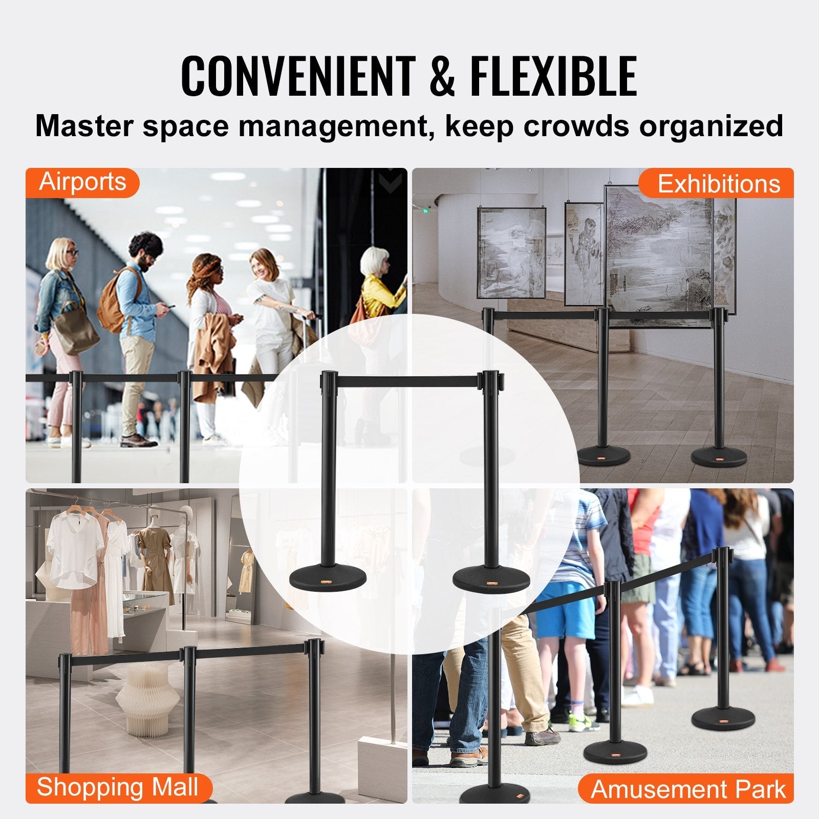 VEVOR Crowd Control Stanchions, 2-Pack Crowd Control Barriers with 6.5FT Black Retractable Belt, Plastic Stanchion Queue Post, Belt Barriers Line Divider Stanchion Set for Party, Airport, Exhibition 