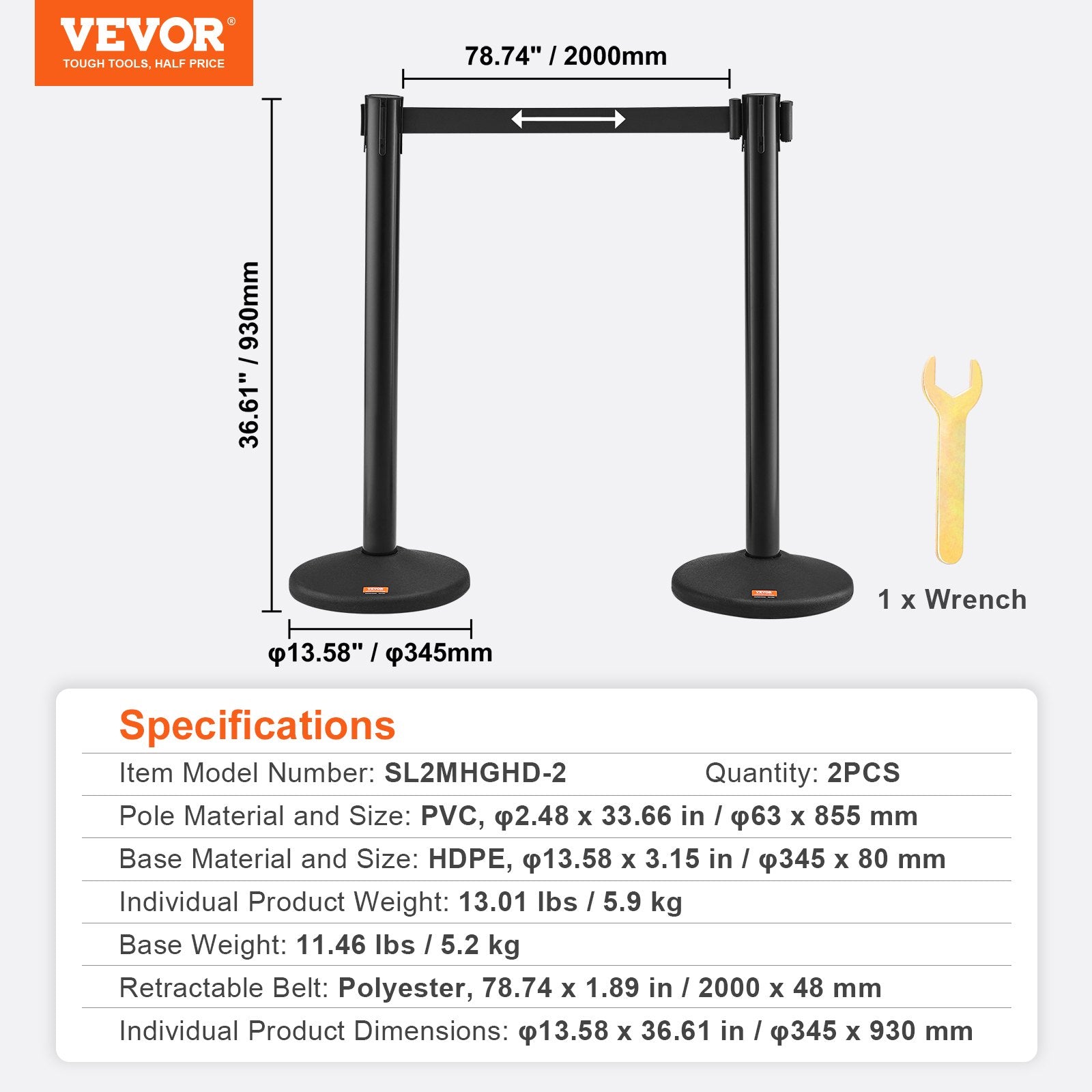 VEVOR Crowd Control Stanchions, 2-Pack Crowd Control Barriers with 6.5FT Black Retractable Belt, Plastic Stanchion Queue Post, Belt Barriers Line Divider Stanchion Set for Party, Airport, Exhibition 