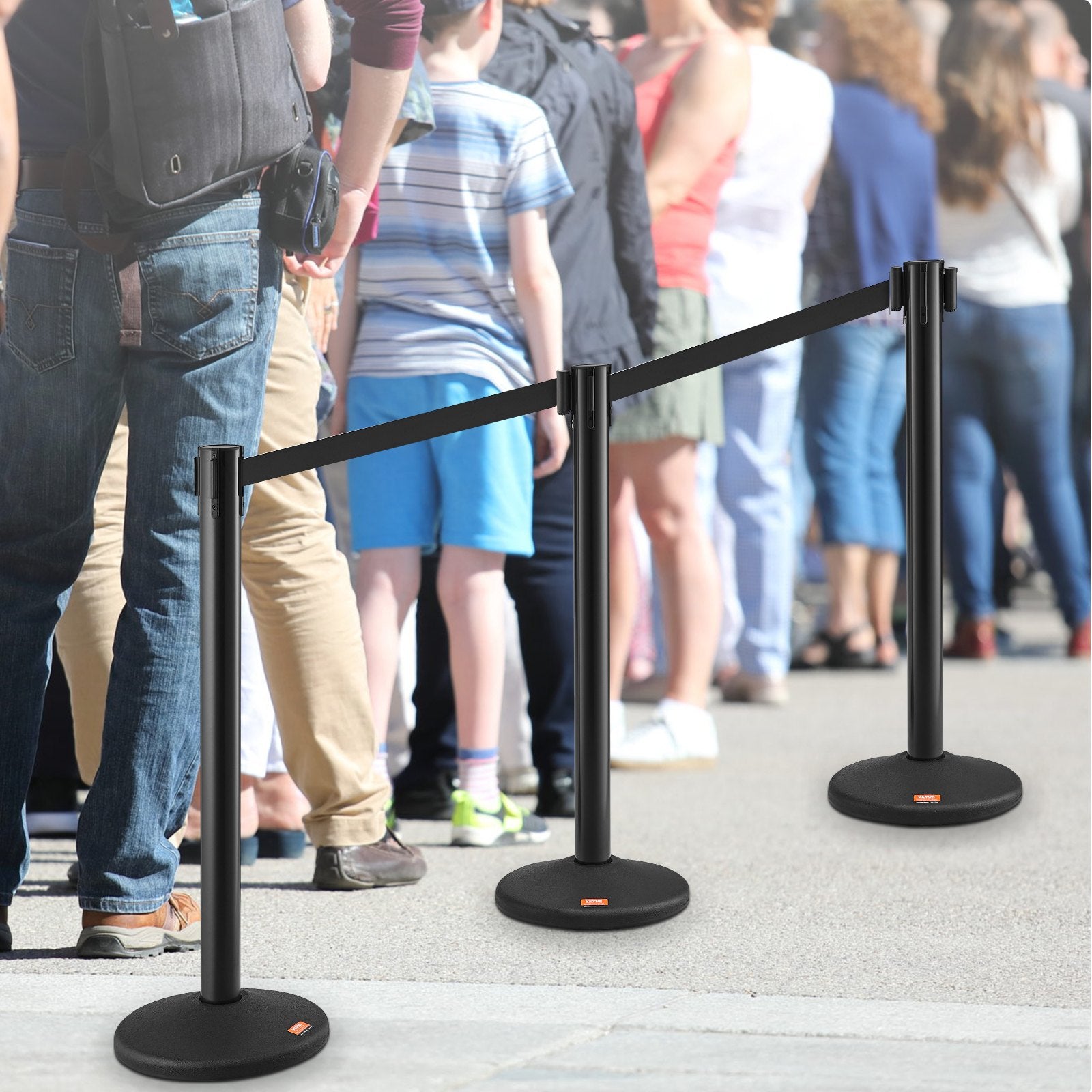 VEVOR Crowd Control Stanchions, 2-Pack Crowd Control Barriers with 6.5FT Black Retractable Belt, Plastic Stanchion Queue Post, Belt Barriers Line Divider Stanchion Set for Party, Airport, Exhibition 