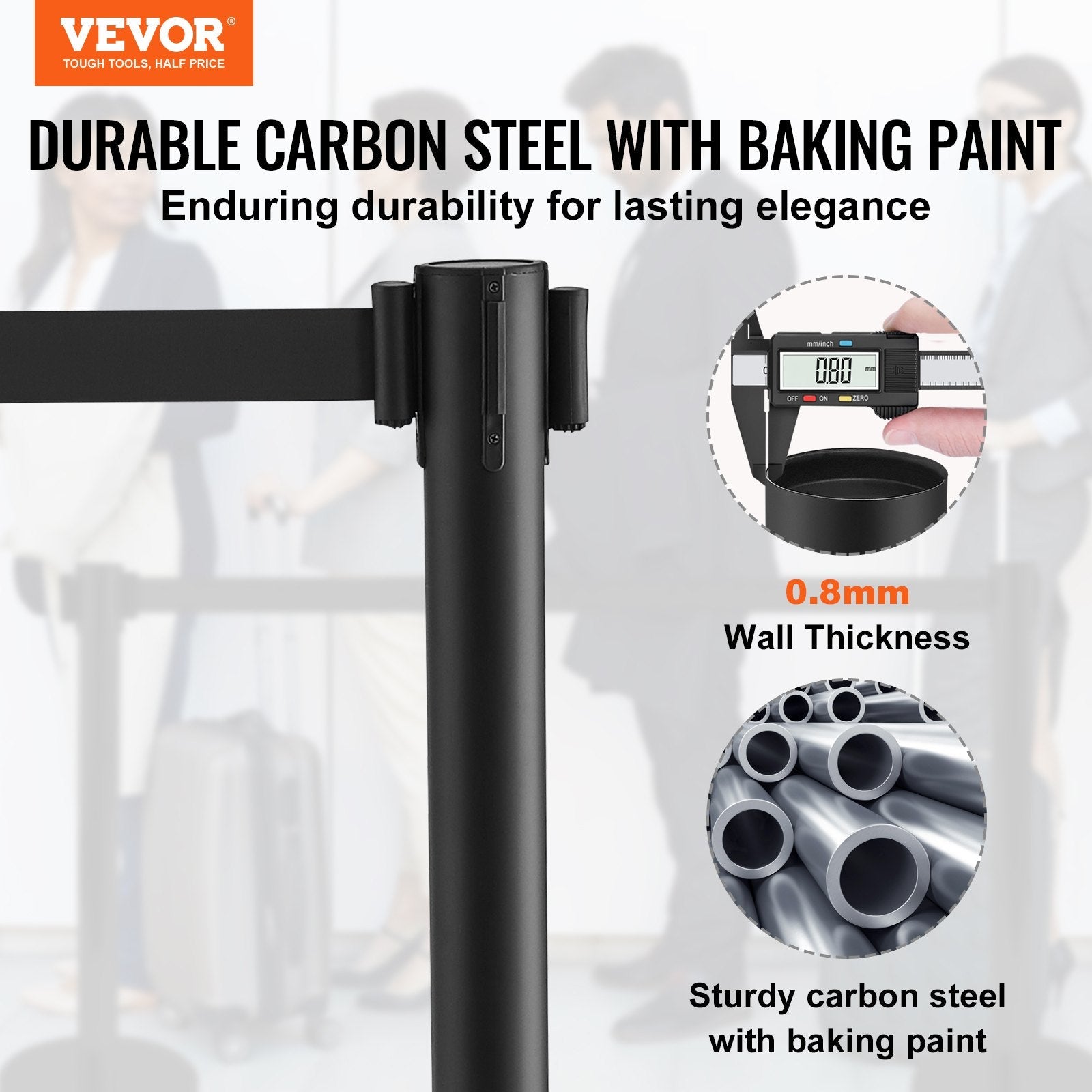 VEVOR Crowd Control Stanchion, 4-Pack Crowd Control Barrier, Carbon Steel Baking Painted Stanchion Queue Post with 2PCS 6.5FT Retractable Belt & Fillable Base, Belt Barrier Line Divider, Easy Assembly 