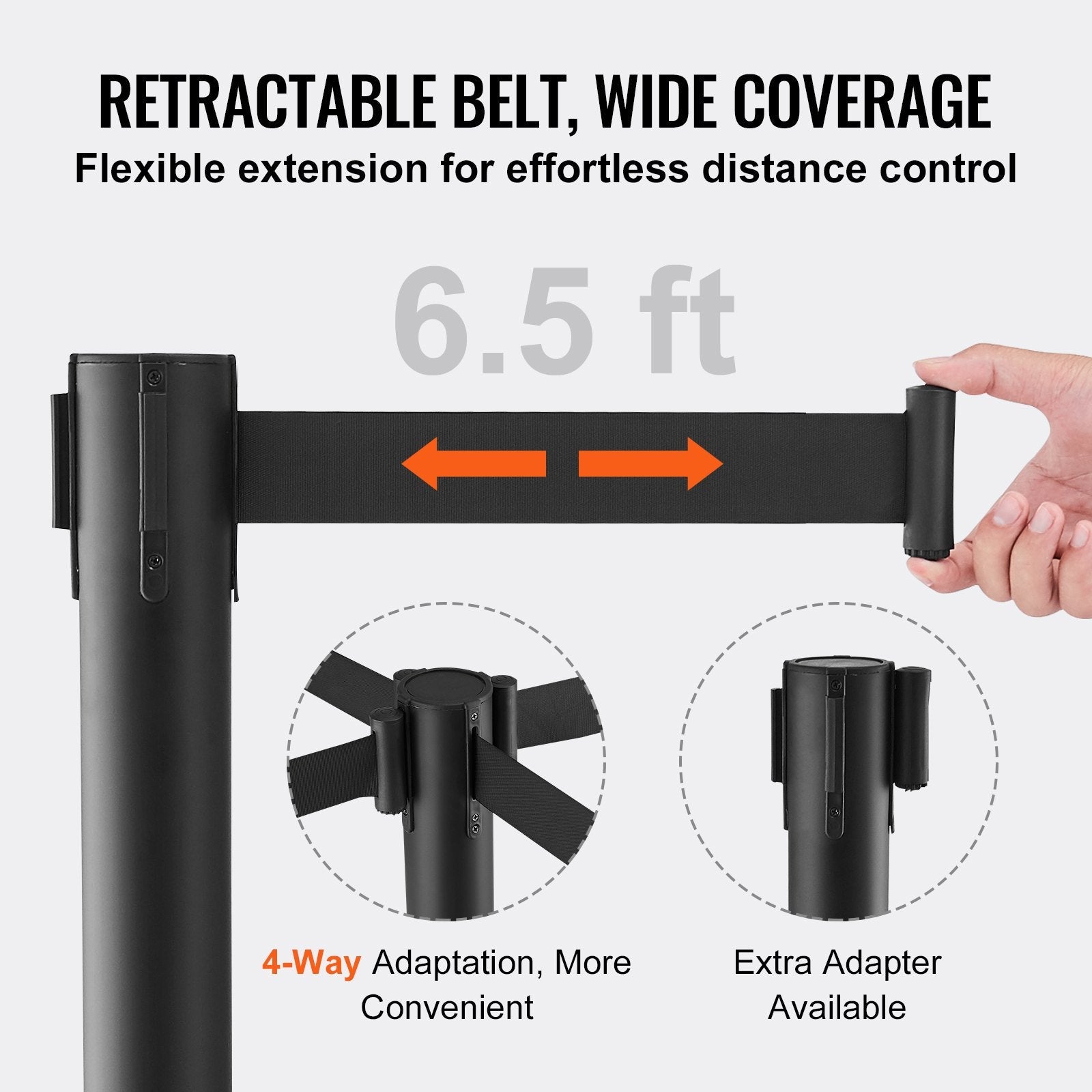 VEVOR Crowd Control Stanchion, 4-Pack Crowd Control Barrier, Carbon Steel Baking Painted Stanchion Queue Post with 2PCS 6.5FT Retractable Belt & Fillable Base, Belt Barrier Line Divider, Easy Assembly 