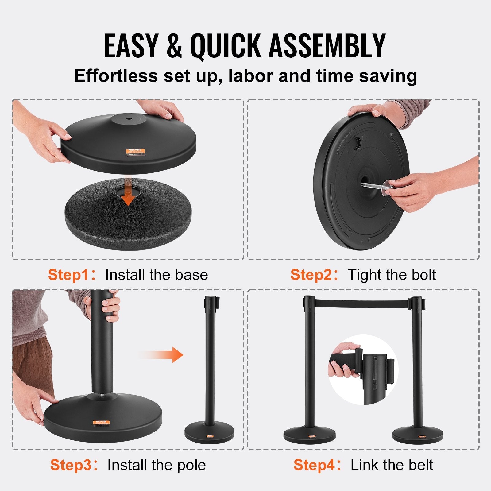 VEVOR Crowd Control Stanchion, 4-Pack Crowd Control Barrier, Carbon Steel Baking Painted Stanchion Queue Post with 2PCS 6.5FT Retractable Belt & Fillable Base, Belt Barrier Line Divider, Easy Assembly 