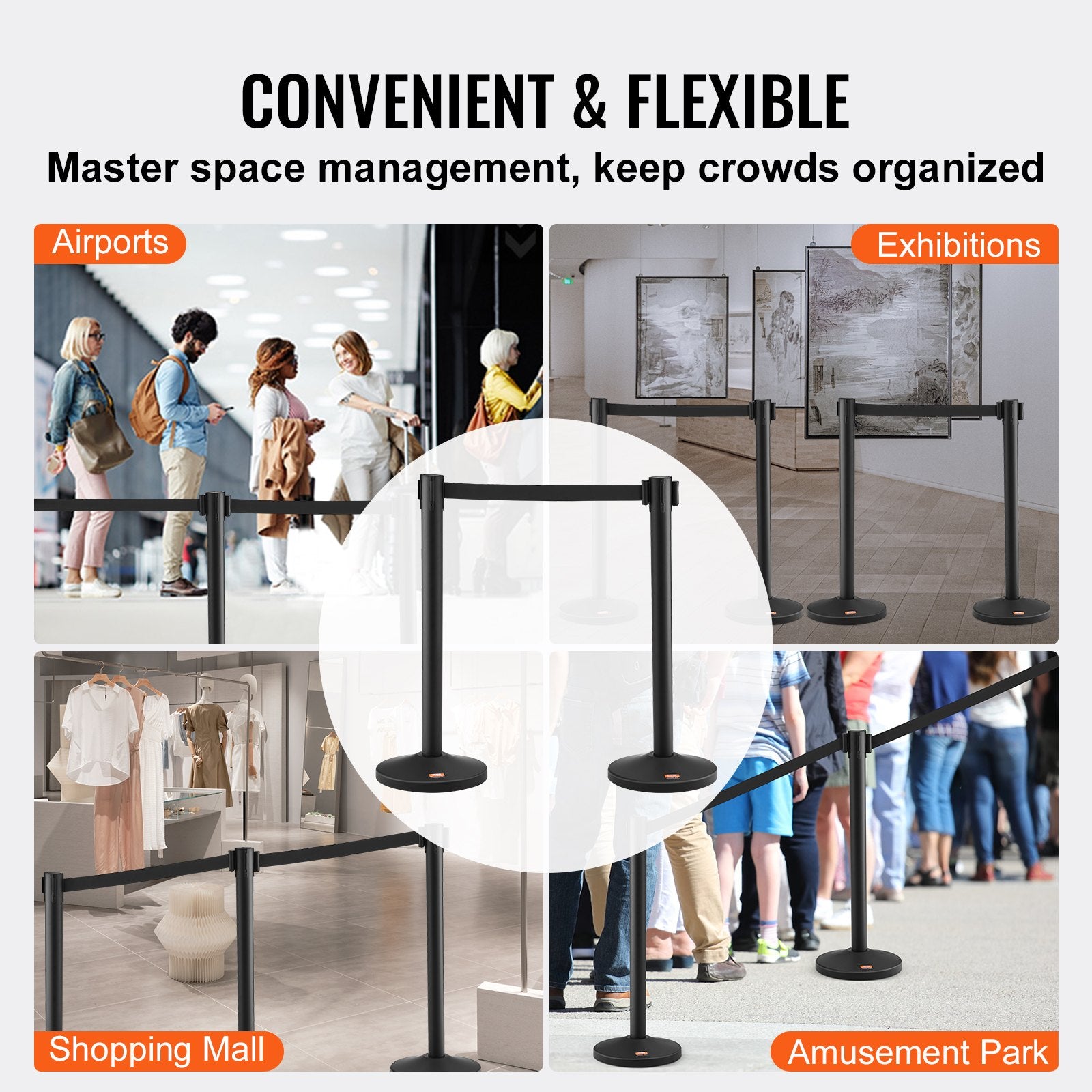 VEVOR Crowd Control Stanchion, 4-Pack Crowd Control Barrier, Carbon Steel Baking Painted Stanchion Queue Post with 2PCS 6.5FT Retractable Belt & Fillable Base, Belt Barrier Line Divider, Easy Assembly 