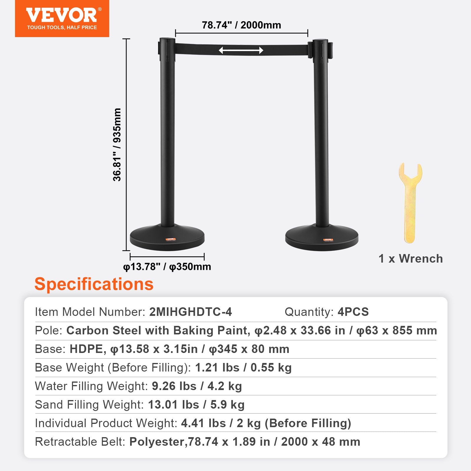 VEVOR Crowd Control Stanchion, 4-Pack Crowd Control Barrier, Carbon Steel Baking Painted Stanchion Queue Post with 2PCS 6.5FT Retractable Belt & Fillable Base, Belt Barrier Line Divider, Easy Assembly 