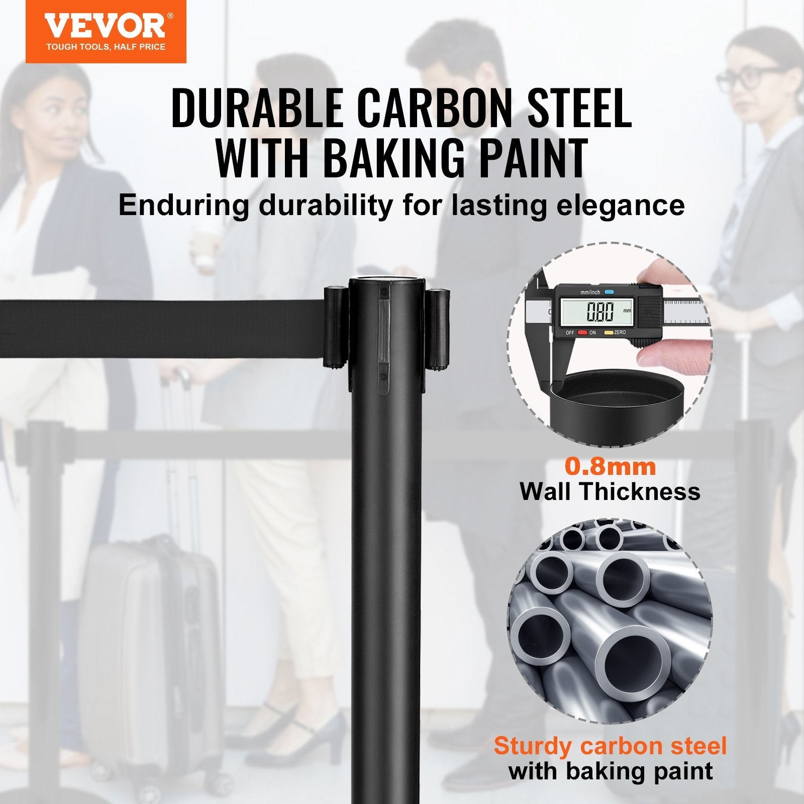 VEVOR Crowd Control Stanchions, 2-Pack Crowd Control Barriers, Carbon Steel Baking Painted Stanchion Queue Post with 11FT Black Retractable Belt, Belt Barriers Line Divider for Exhibition, Airport 