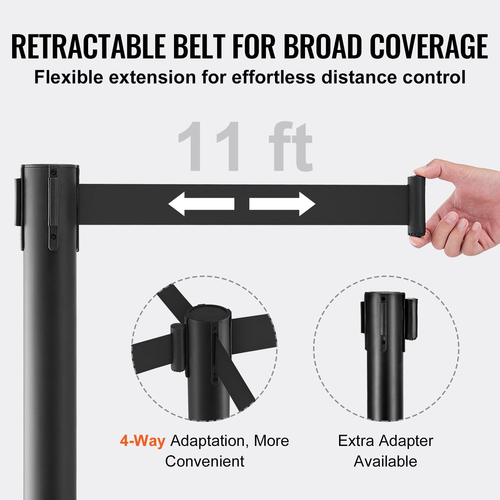 VEVOR Crowd Control Stanchions, 2-Pack Crowd Control Barriers, Carbon Steel Baking Painted Stanchion Queue Post with 11FT Black Retractable Belt, Belt Barriers Line Divider for Exhibition, Airport 