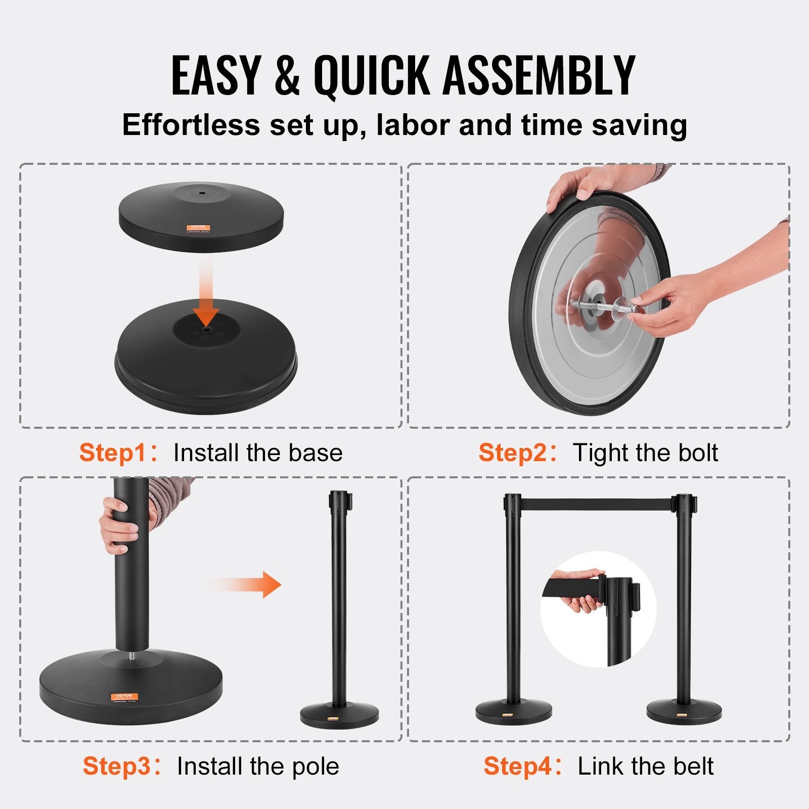 VEVOR Crowd Control Stanchions, 2-Pack Crowd Control Barriers, Carbon Steel Baking Painted Stanchion Queue Post with 11FT Black Retractable Belt, Belt Barriers Line Divider for Exhibition, Airport 