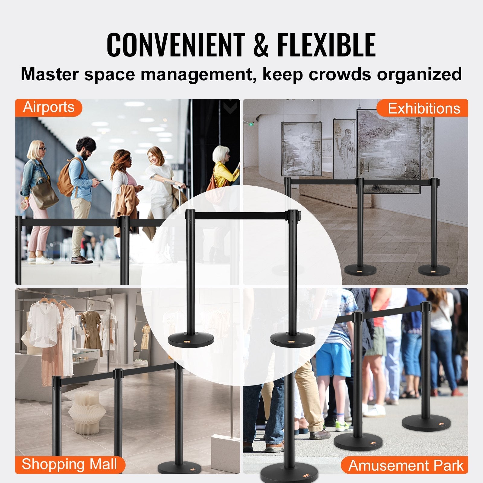 VEVOR Crowd Control Stanchions, 2-Pack Crowd Control Barriers, Carbon Steel Baking Painted Stanchion Queue Post with 11FT Black Retractable Belt, Belt Barriers Line Divider for Exhibition, Airport 
