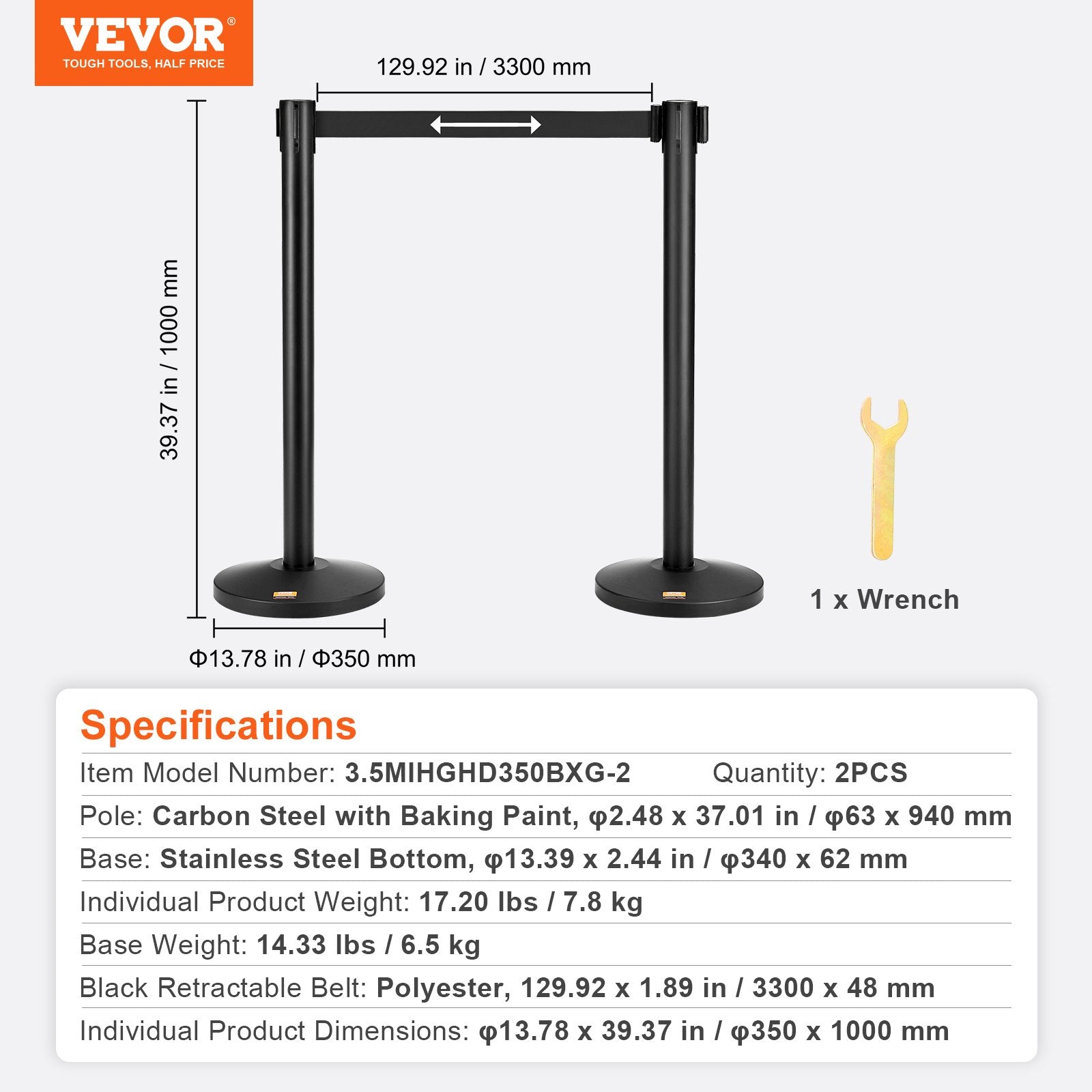 VEVOR Crowd Control Stanchions, 2-Pack Crowd Control Barriers, Carbon Steel Baking Painted Stanchion Queue Post with 11FT Black Retractable Belt, Belt Barriers Line Divider for Exhibition, Airport 