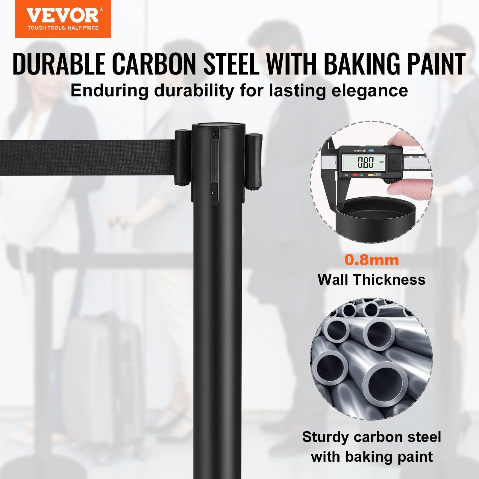 VEVOR Crowd Control Stanchions, 2-Pack Crowd Control Barriers, Carbon Steel Baking Painted Stanchion Queue Post with 6.5FT Black Retractable Belt, Belt Barriers Line Divider for Exhibition, Airport 