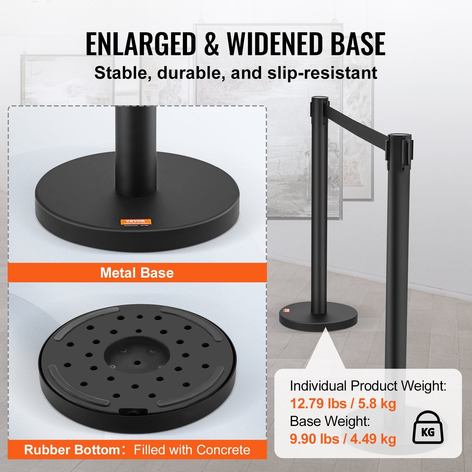 VEVOR Crowd Control Stanchions, 2-Pack Crowd Control Barriers, Carbon Steel Baking Painted Stanchion Queue Post with 6.5FT Black Retractable Belt, Belt Barriers Line Divider for Exhibition, Airport 
