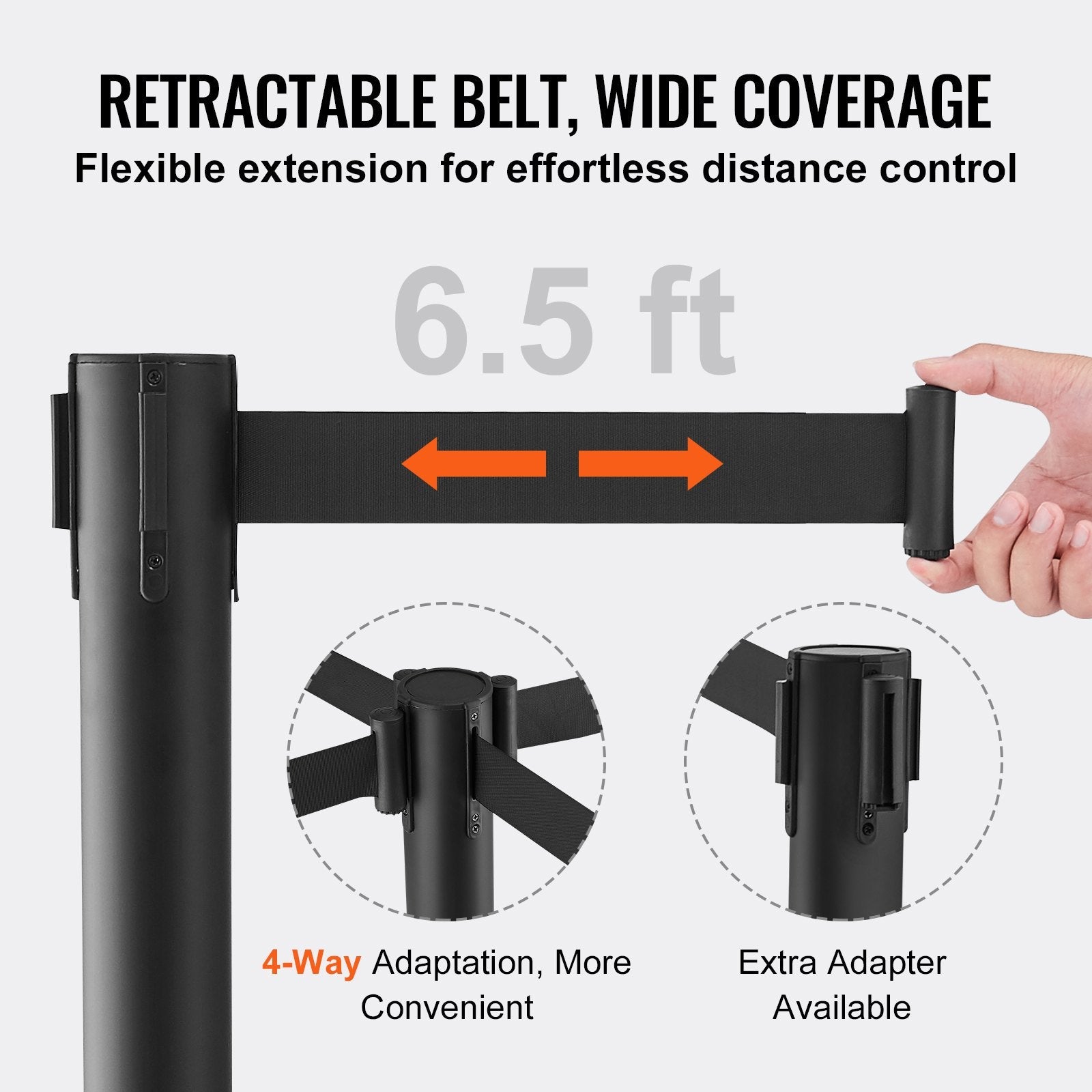 VEVOR Crowd Control Stanchions, 2-Pack Crowd Control Barriers, Carbon Steel Baking Painted Stanchion Queue Post with 6.5FT Black Retractable Belt, Belt Barriers Line Divider for Exhibition, Airport 