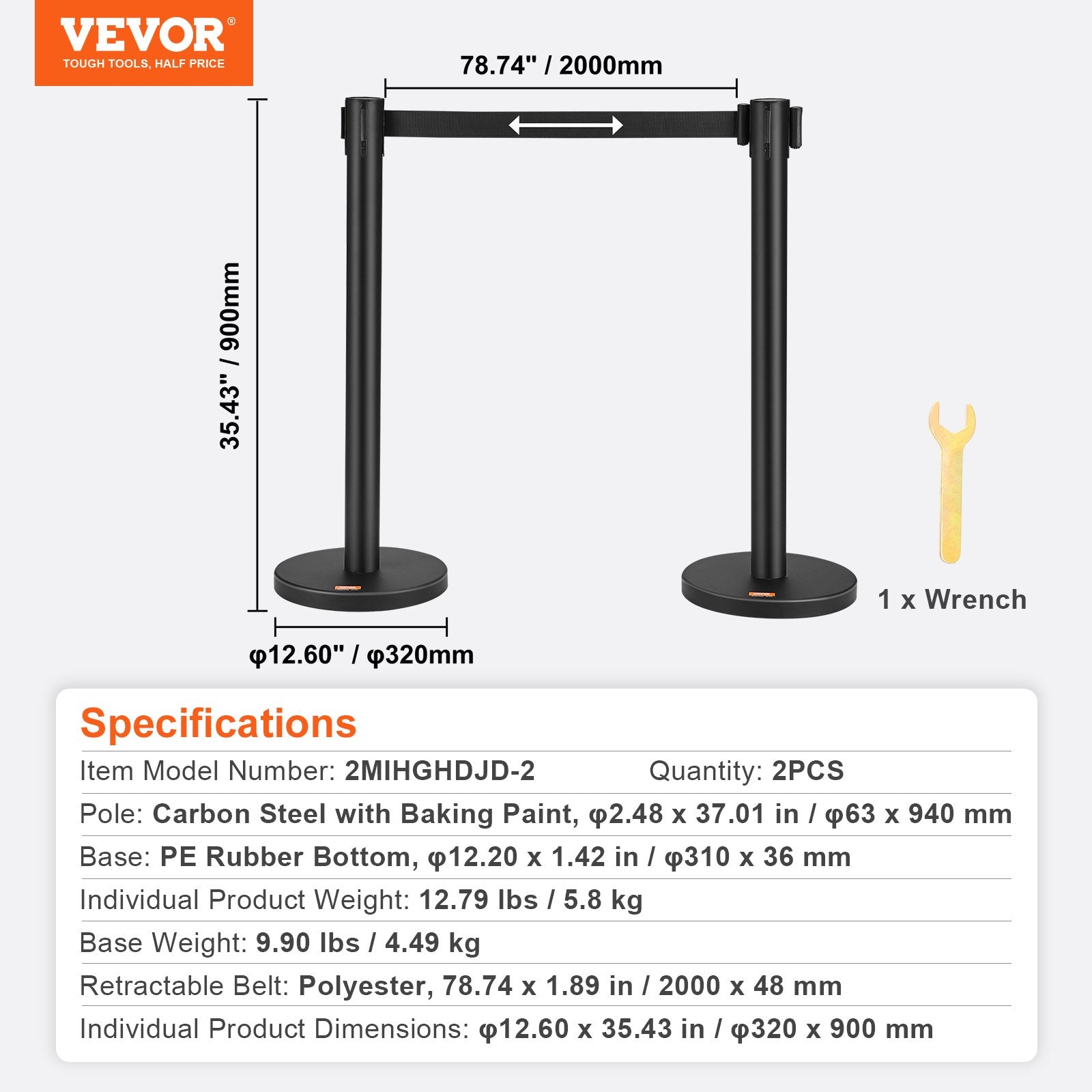 VEVOR Crowd Control Stanchions, 2-Pack Crowd Control Barriers, Carbon Steel Baking Painted Stanchion Queue Post with 6.5FT Black Retractable Belt, Belt Barriers Line Divider for Exhibition, Airport 