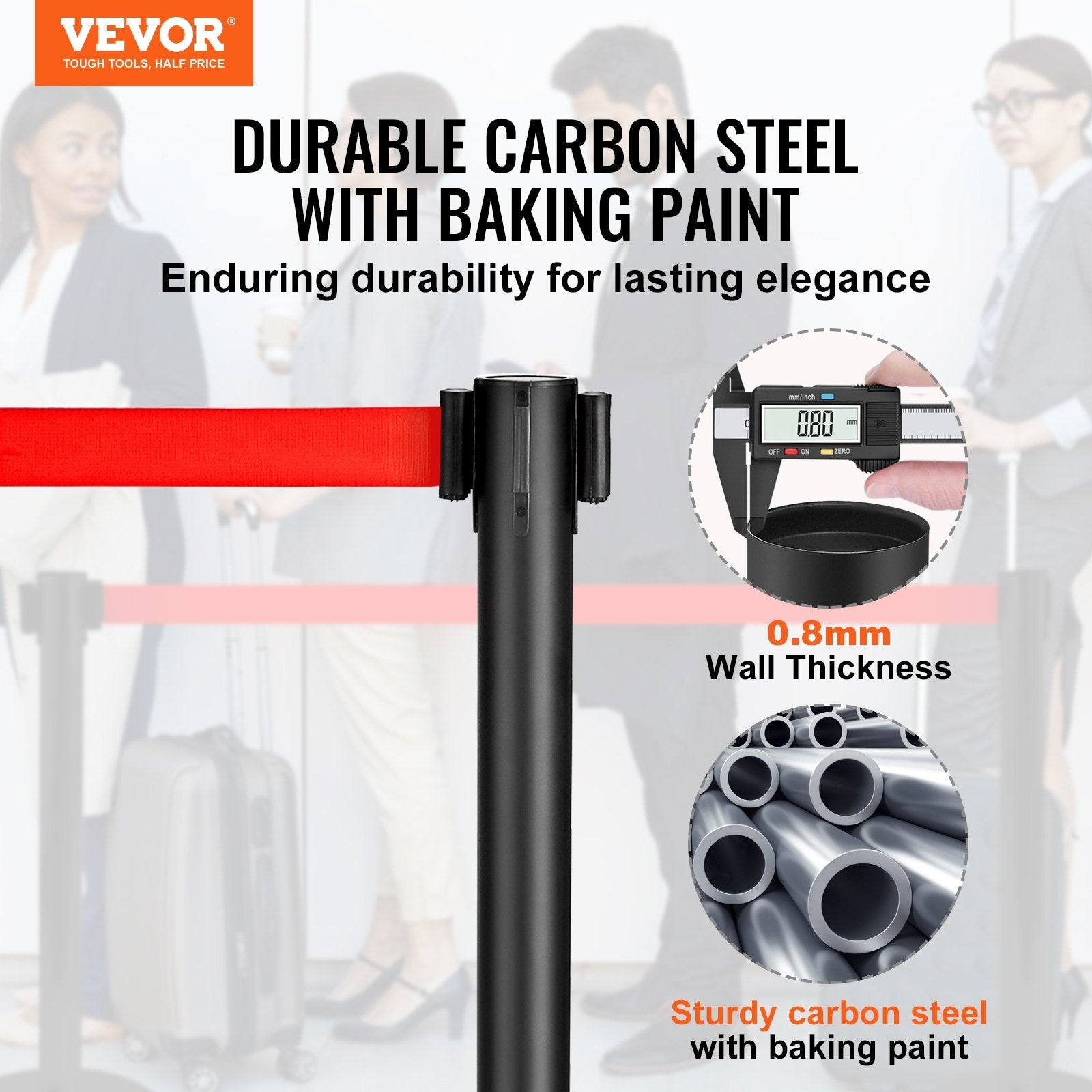 VEVOR Crowd Control Stanchions, 2-Pack Crowd Control Barriers, Carbon Steel Baking Painted Stanchion Queue Post with 11FT Red Retractable Belt, Belt Barriers Line Divider for Exhibition, Airport 