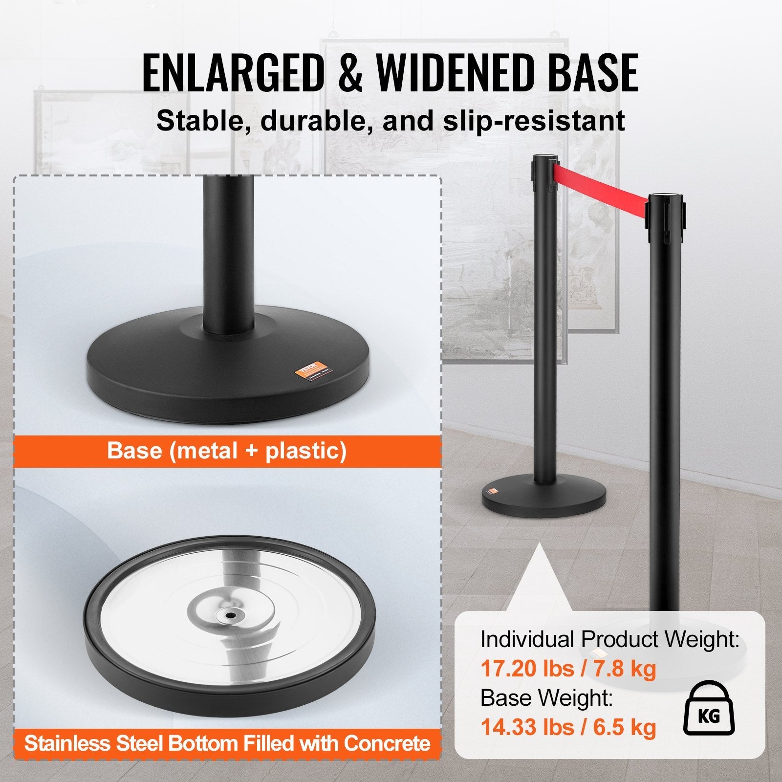 VEVOR Crowd Control Stanchions, 2-Pack Crowd Control Barriers, Carbon Steel Baking Painted Stanchion Queue Post with 11FT Red Retractable Belt, Belt Barriers Line Divider for Exhibition, Airport 