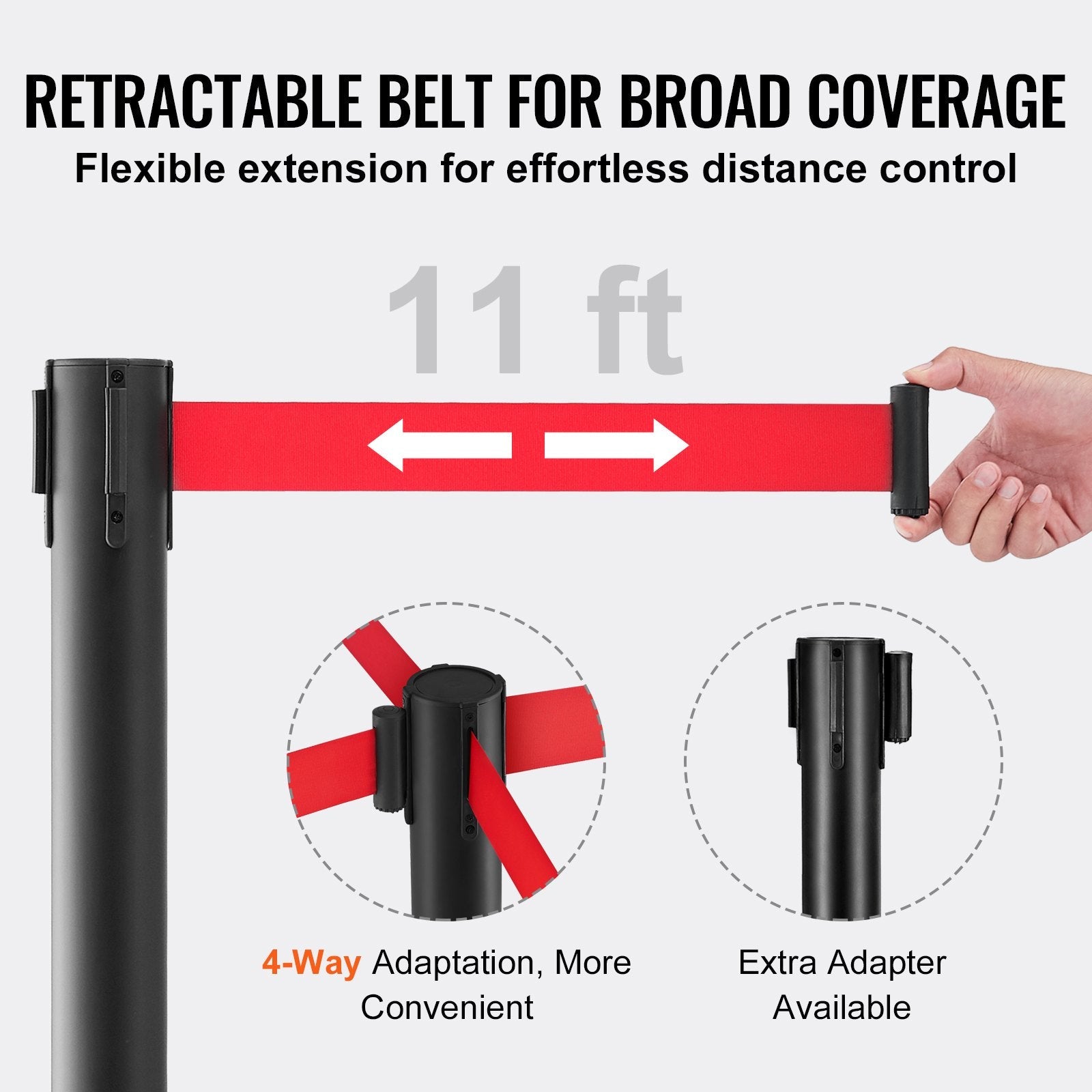 VEVOR Crowd Control Stanchions, 2-Pack Crowd Control Barriers, Carbon Steel Baking Painted Stanchion Queue Post with 11FT Red Retractable Belt, Belt Barriers Line Divider for Exhibition, Airport 