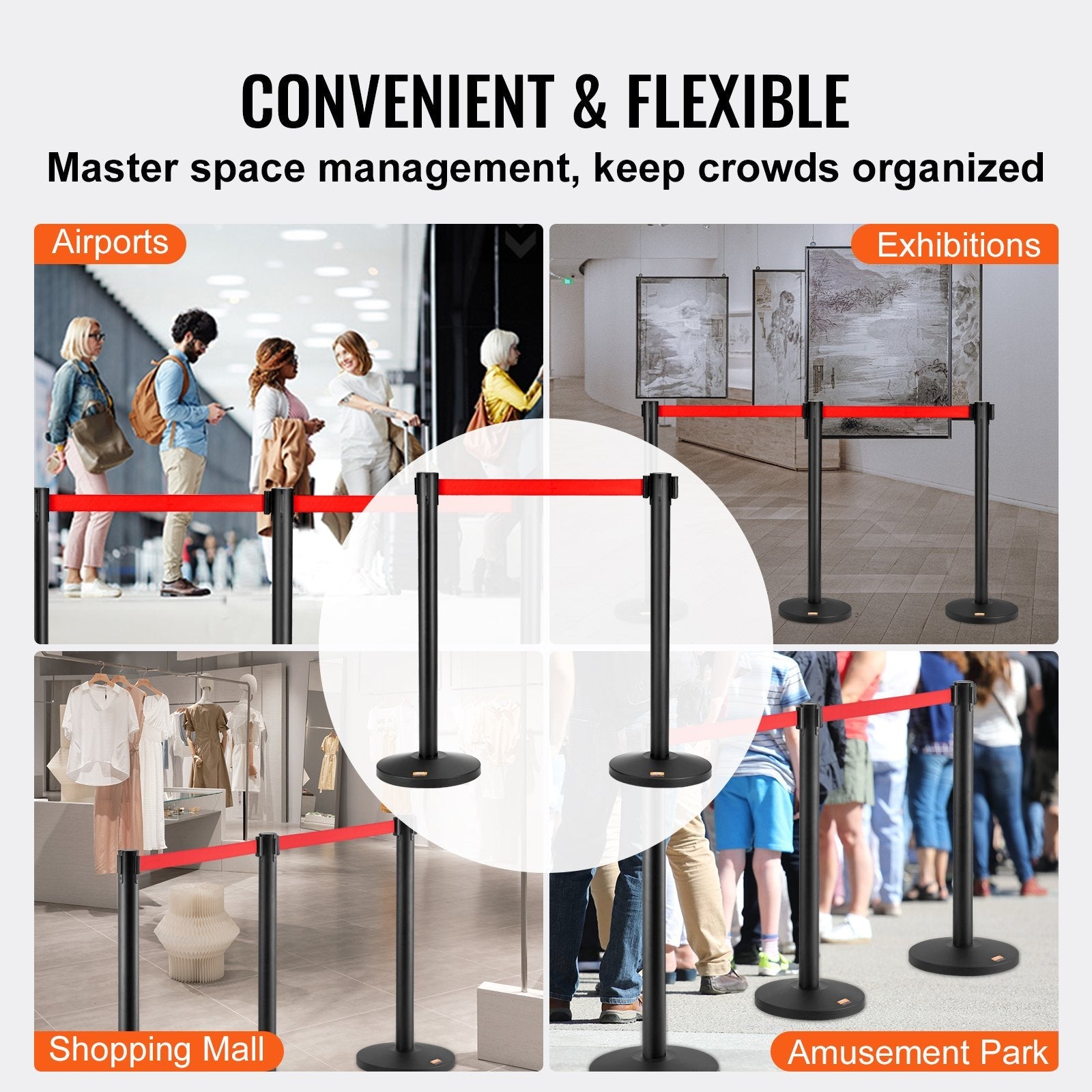 VEVOR Crowd Control Stanchions, 2-Pack Crowd Control Barriers, Carbon Steel Baking Painted Stanchion Queue Post with 11FT Red Retractable Belt, Belt Barriers Line Divider for Exhibition, Airport 