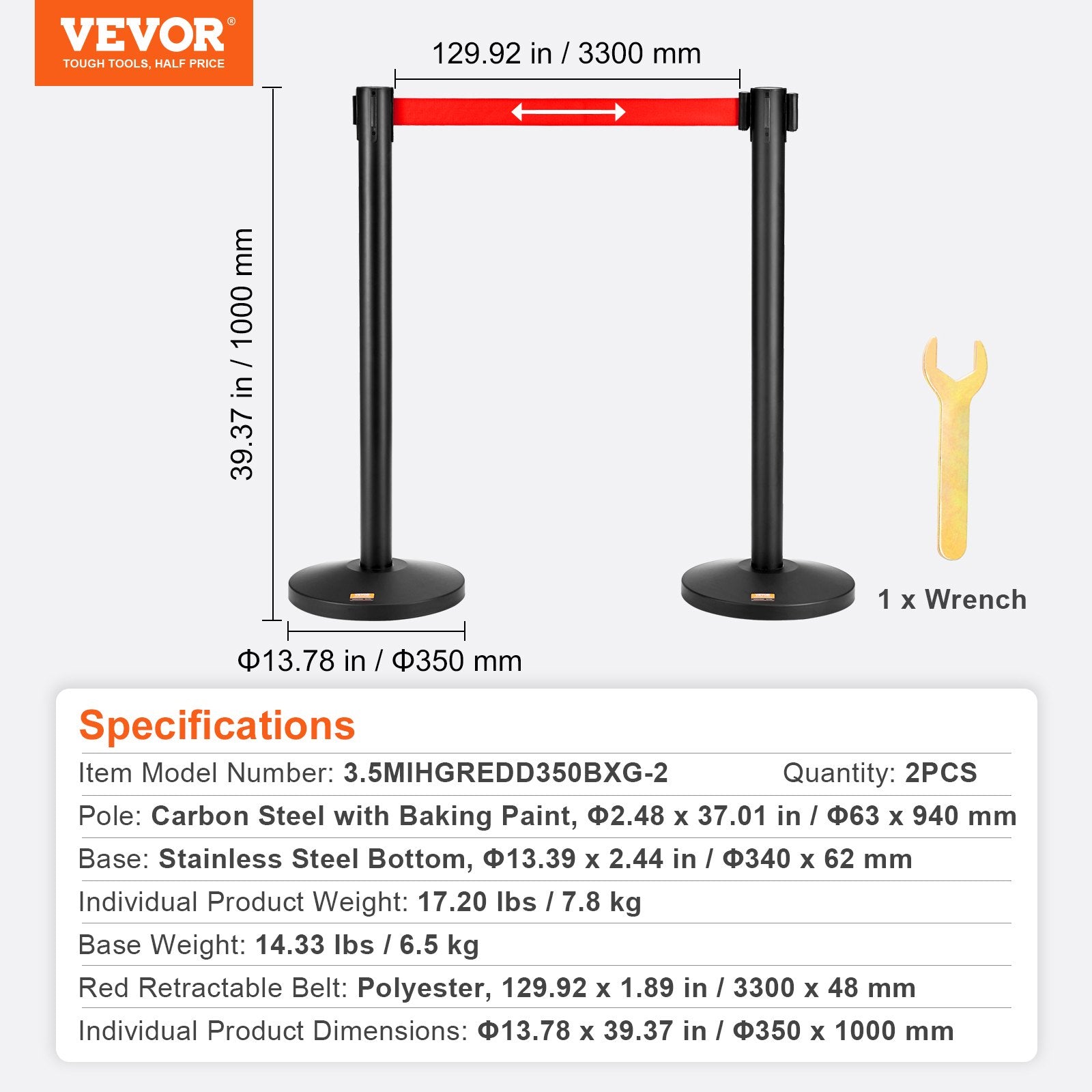 VEVOR Crowd Control Stanchions, 2-Pack Crowd Control Barriers, Carbon Steel Baking Painted Stanchion Queue Post with 11FT Red Retractable Belt, Belt Barriers Line Divider for Exhibition, Airport 