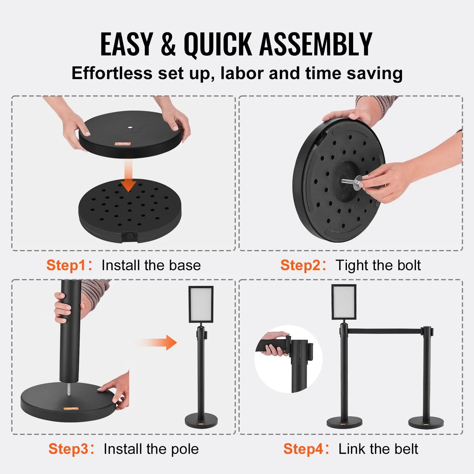 VEVOR Crowd Control Stanchions, 6-Pack Crowd Control Barriers, Carbon Steel Baking Painted Stanchion Queue Post with Sign Holder & 3PCS 6.5FT Retractable Belt, Belt Barrier Line Divider, Easy Assembly