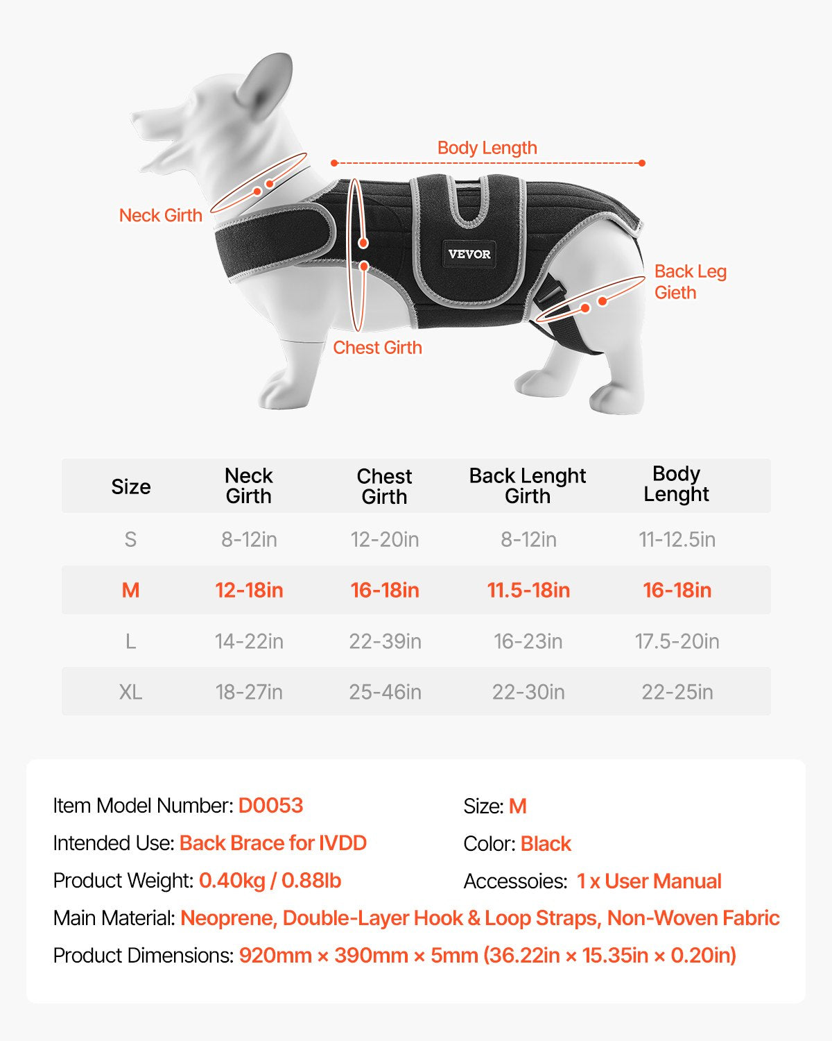 VEVOR Dog Back Brace Adjustable Dog Spine Support Harness for IVDD Pain Relief 