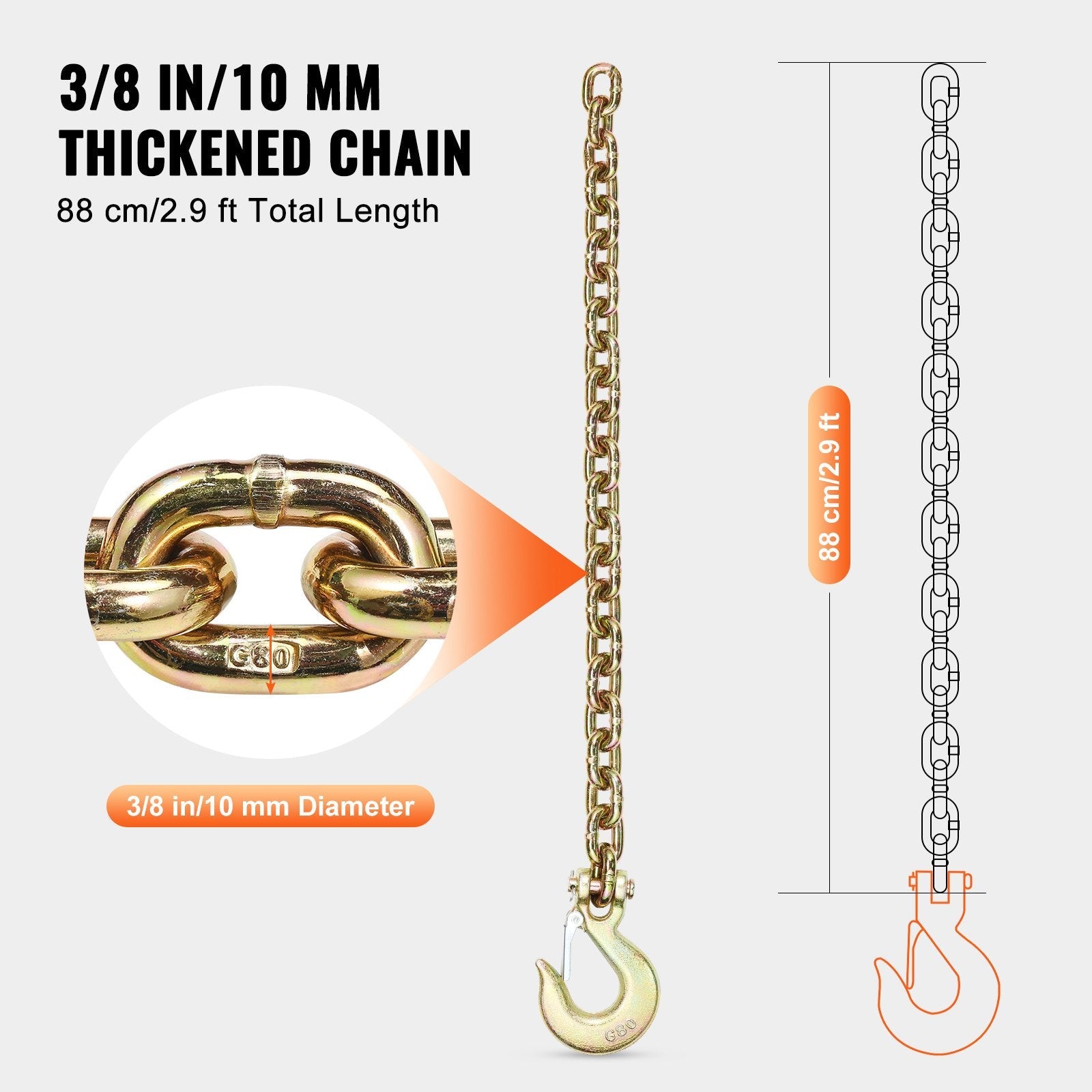 VEVOR Binder Chain G80 Tie Down Tow Chain with Hook 3/8" x 2.9' 2 Pack 7100 lbs 