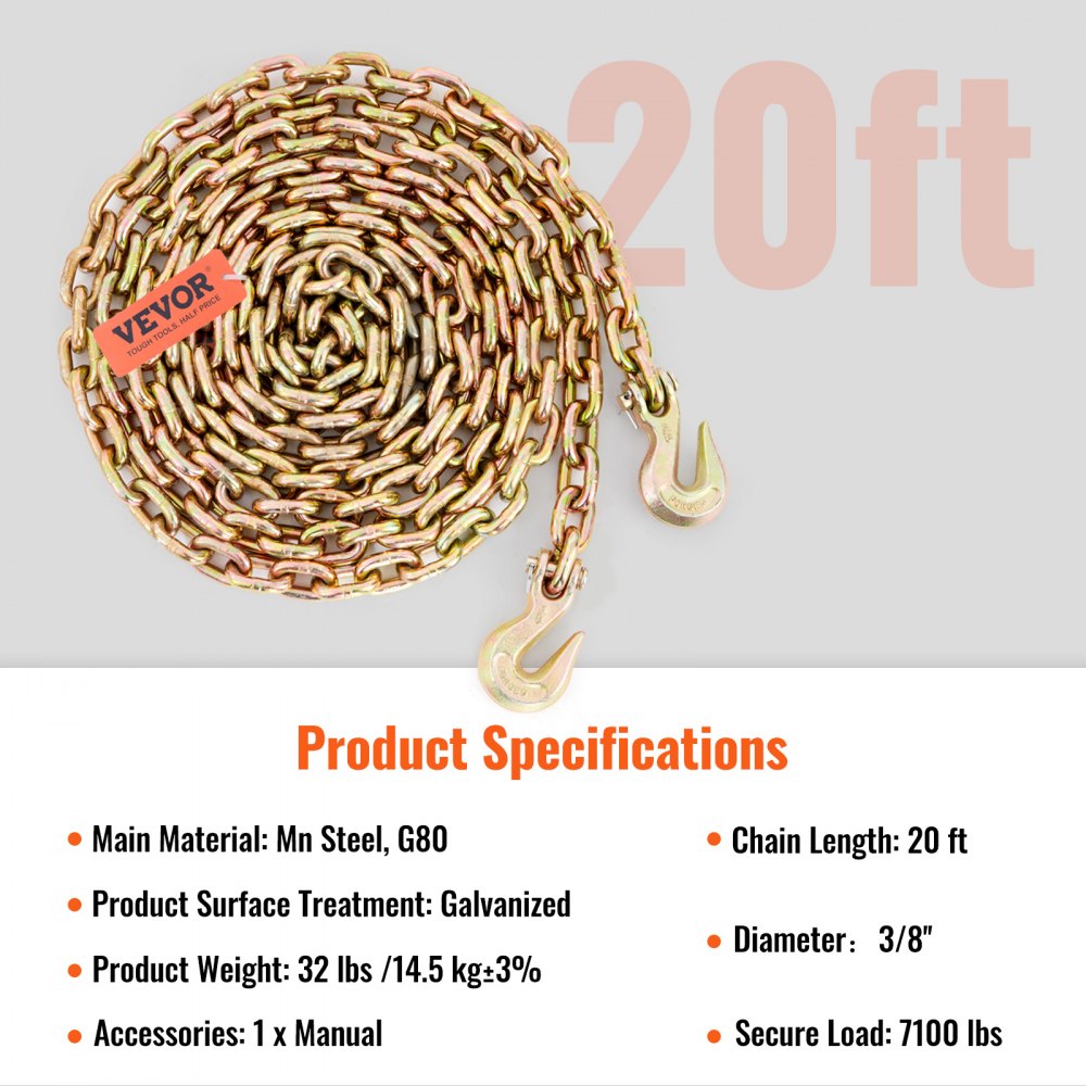VEVOR Transport Binder Chain, 7100 lbs Working Load Limit, 3/8'' x 20' G80 Tow Chain Tie Down with Grab Hooks, DOT Certified, Galvanized Coating Manganese Steel for Dock Factory Construction Site 
